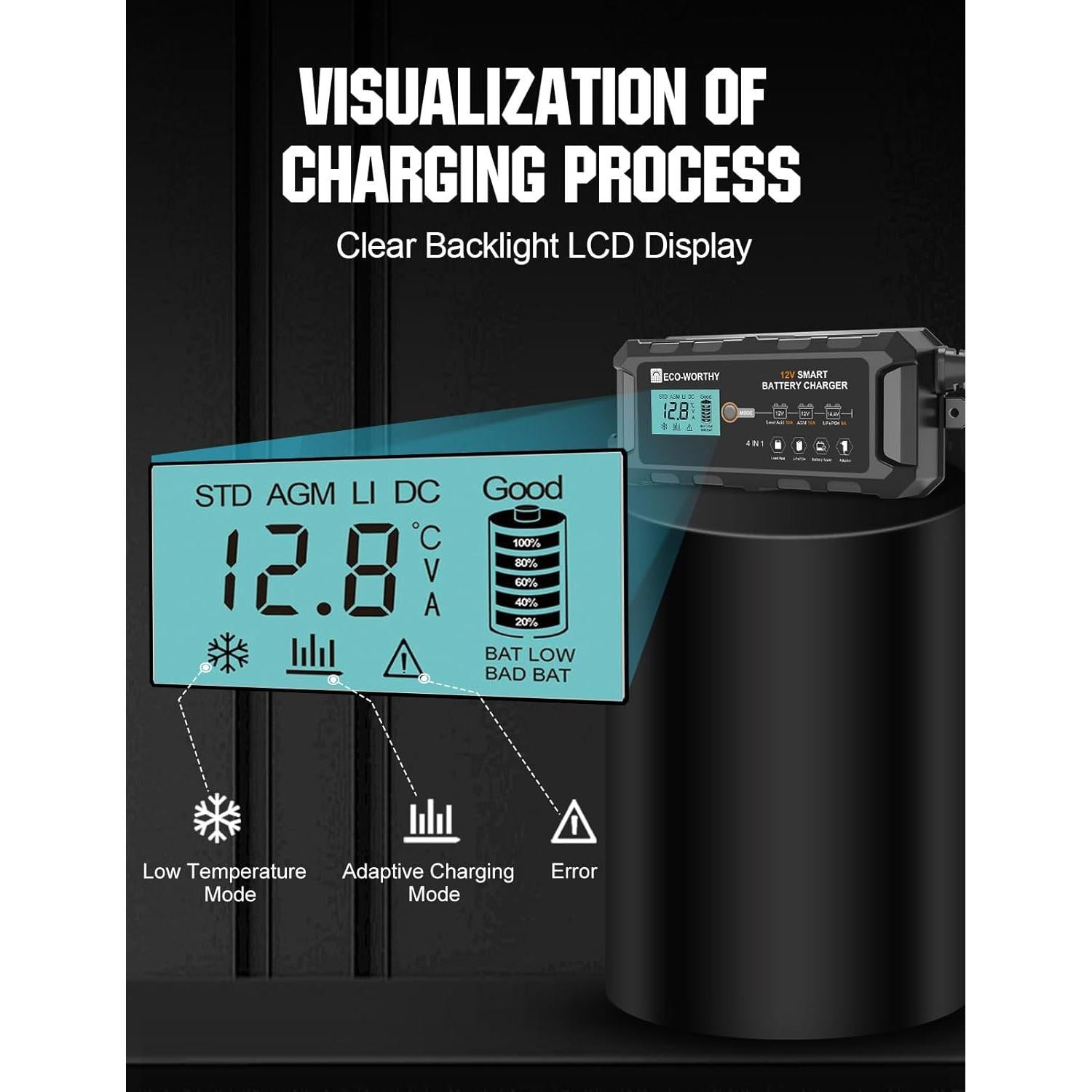 Cargador de Batería ECO-WORTHY 12V 10A Inteligente y Desulfatador