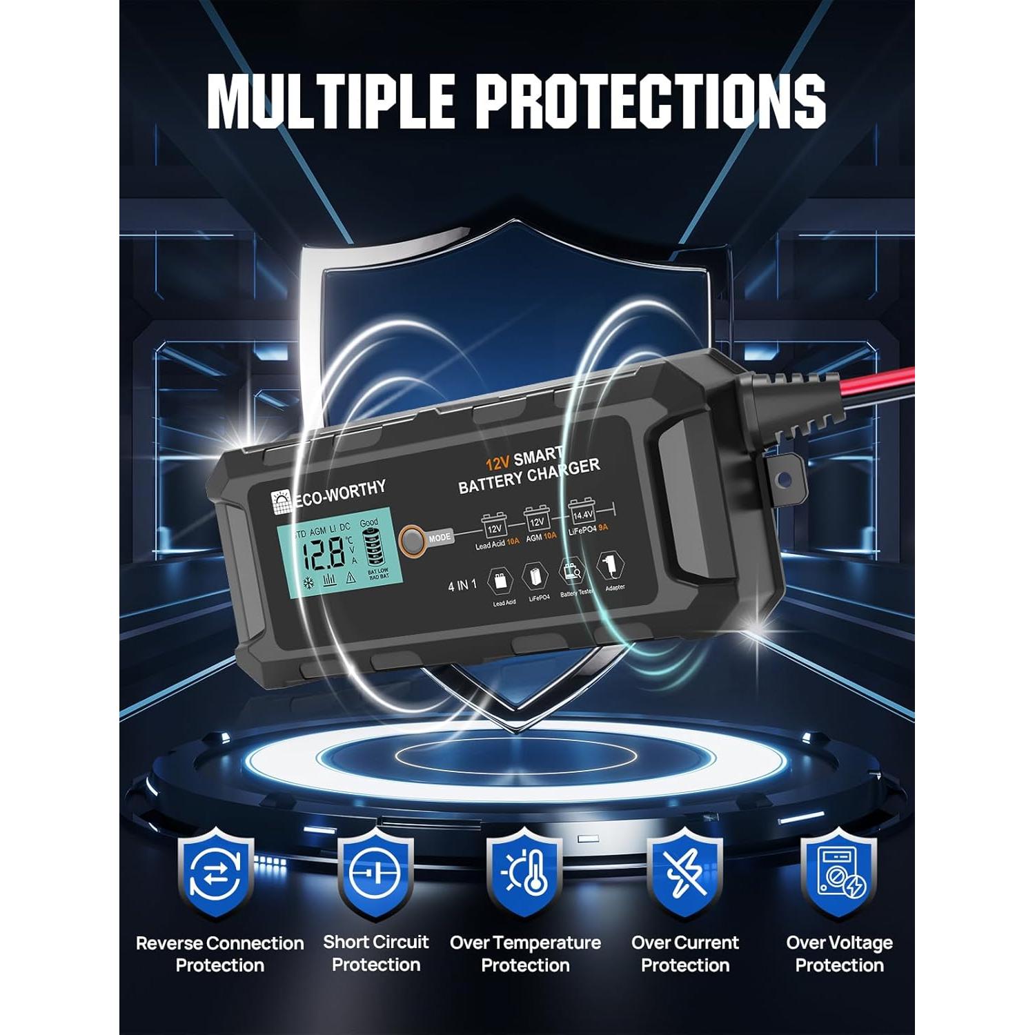 Cargador de Batería ECO-WORTHY 12V 10A Inteligente y Desulfatador