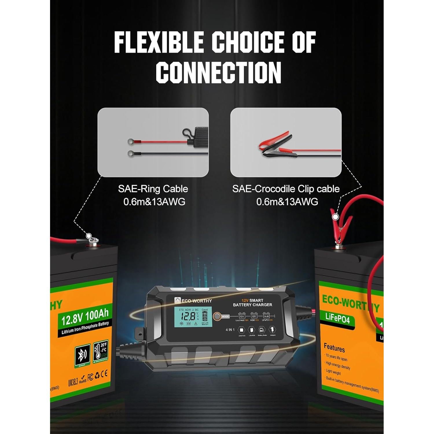 Cargador de Batería ECO-WORTHY 12V 10A Inteligente y Desulfatador