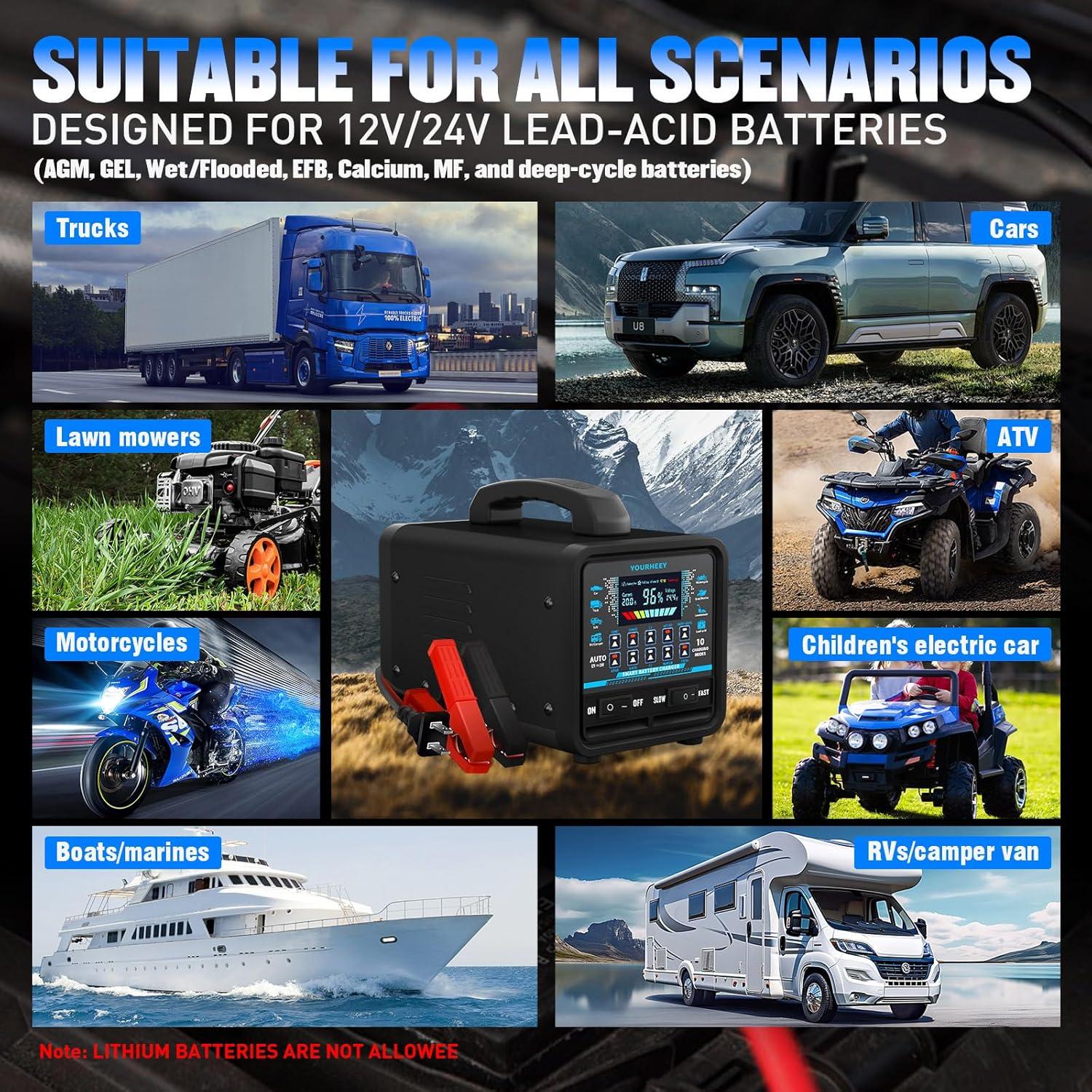 Cargador de Batería 12V 24V Yourheey 20A Inteligente Mantenimiento