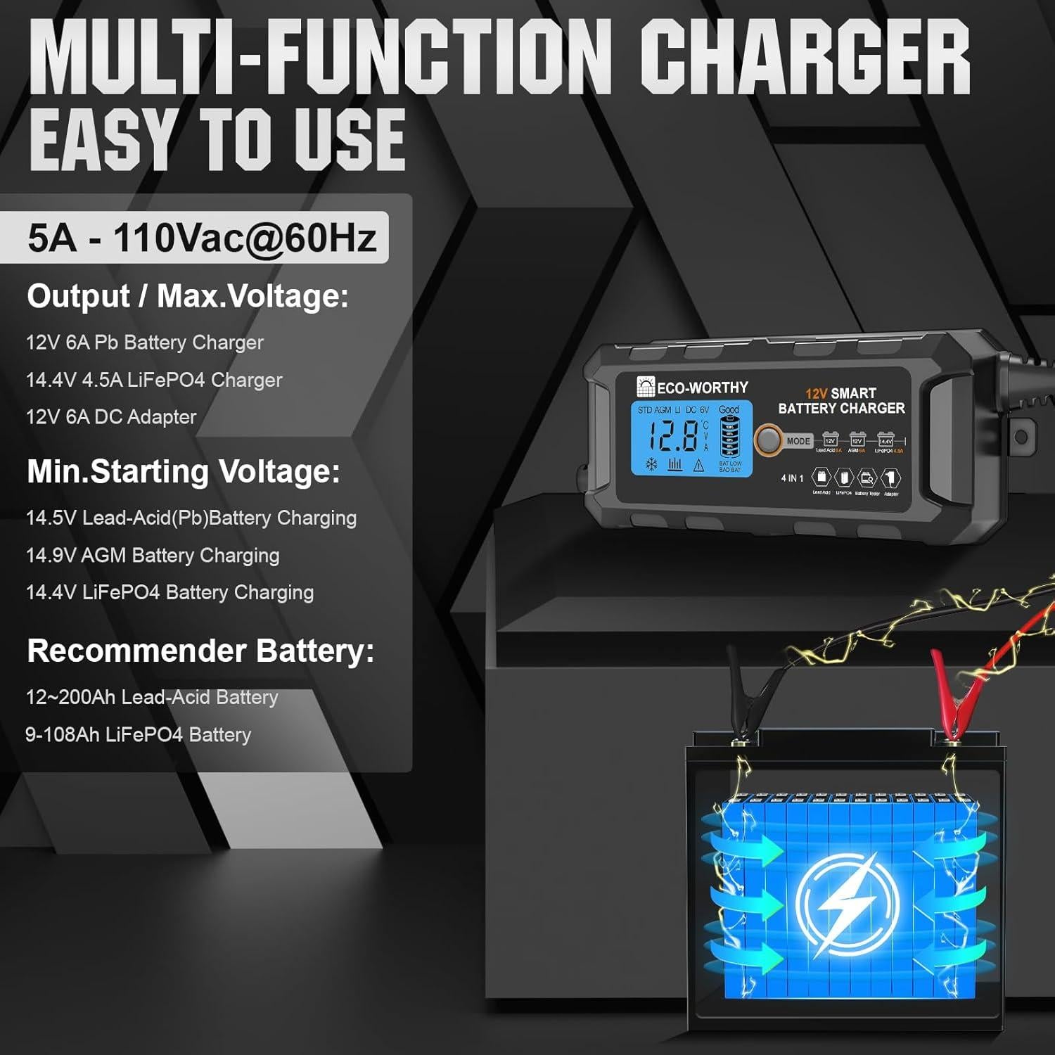 Cargador de Batería Automático Eco-Worthy 12V 5A LCD
