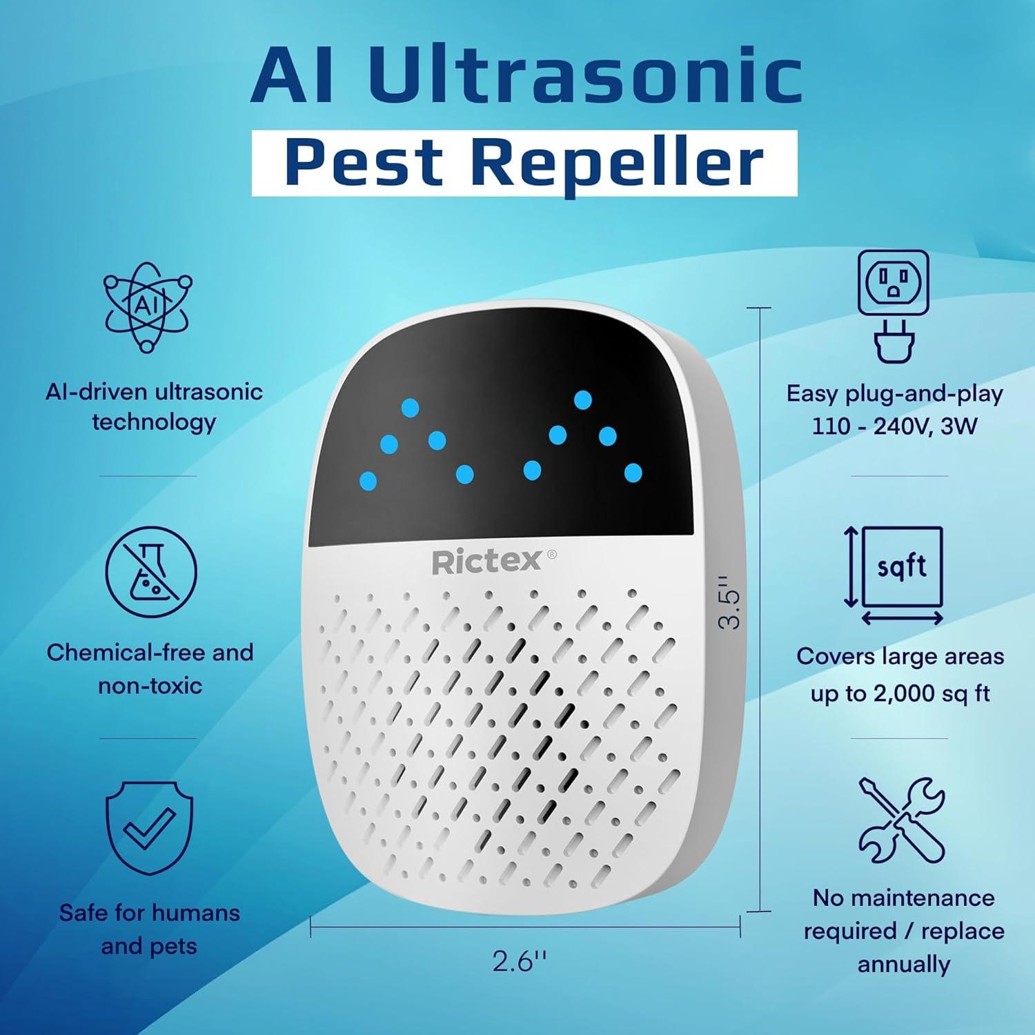 Repelente Ultrasónico de Plagas Rictex - Paquete de 2, Seguro y Eficaz