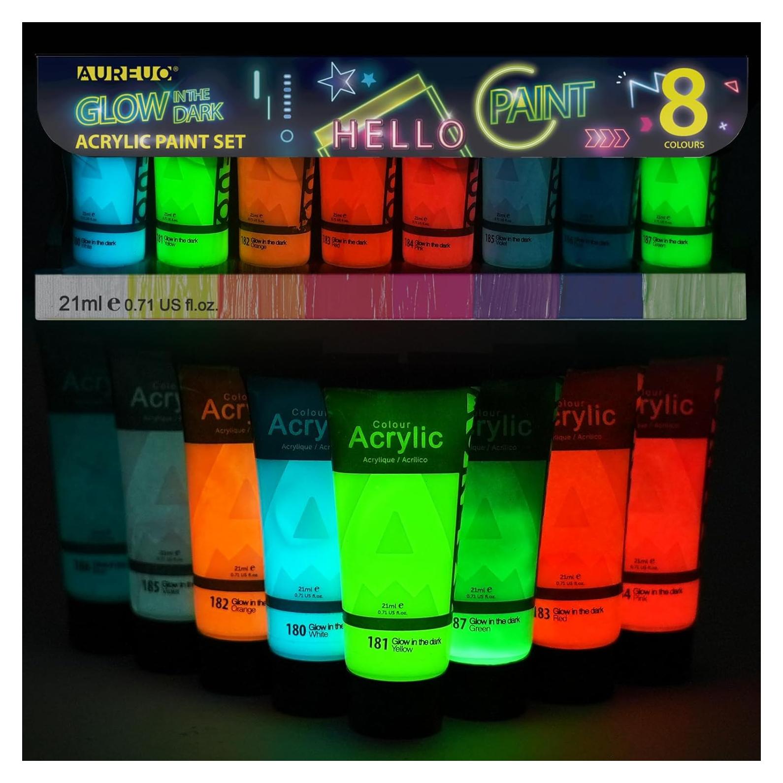 Pintura Acrílica Neón AUREUO 8 Colores Brillan en Oscuridad 21ml
