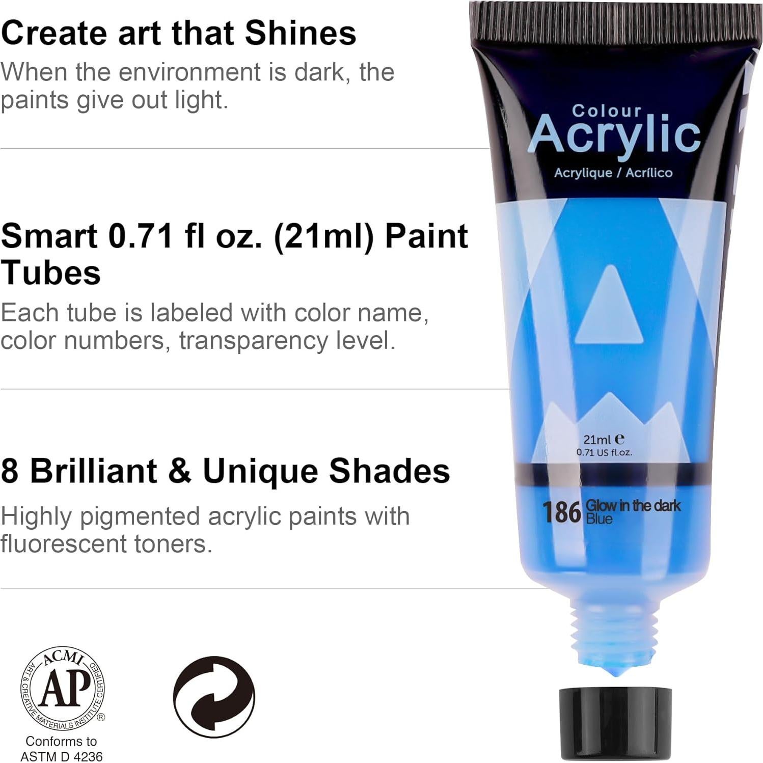 Pintura Acrílica Neón AUREUO 8 Colores Brillan en Oscuridad 21ml