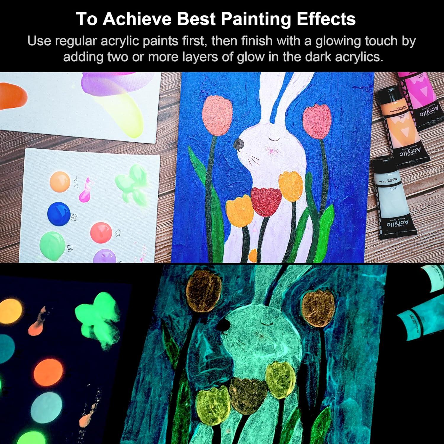 Pintura Acrílica Neón AUREUO 8 Colores Brillan en Oscuridad 21ml