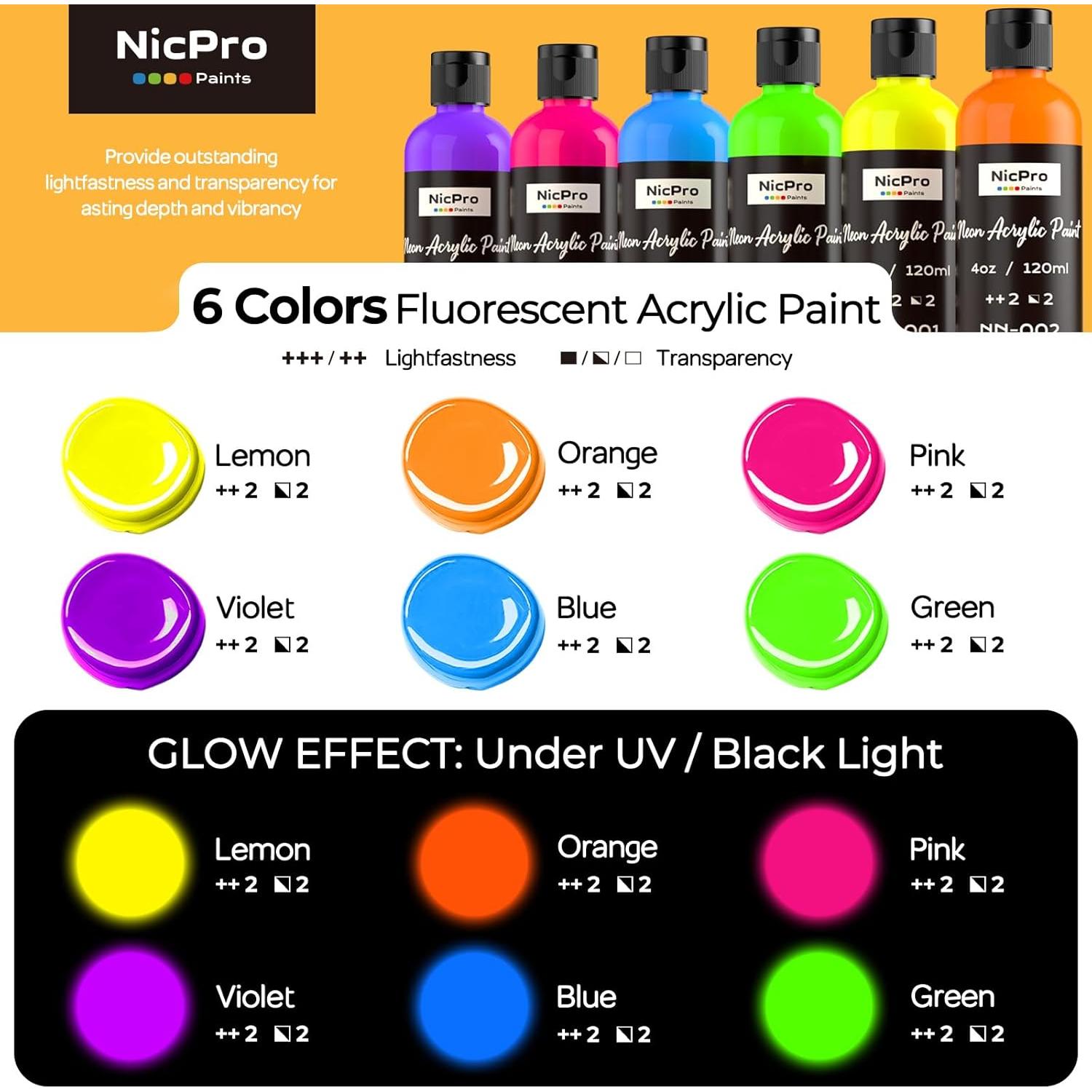 Juego de Pintura Acrílica Fluorescente Nicpro 6 Colores 120 ml