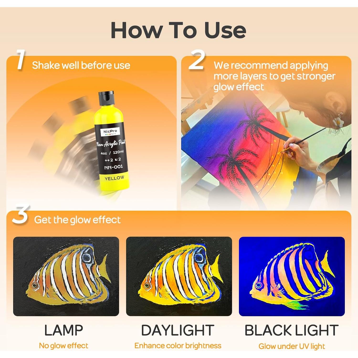 Juego de Pintura Acrílica Fluorescente Nicpro 6 Colores 120 ml