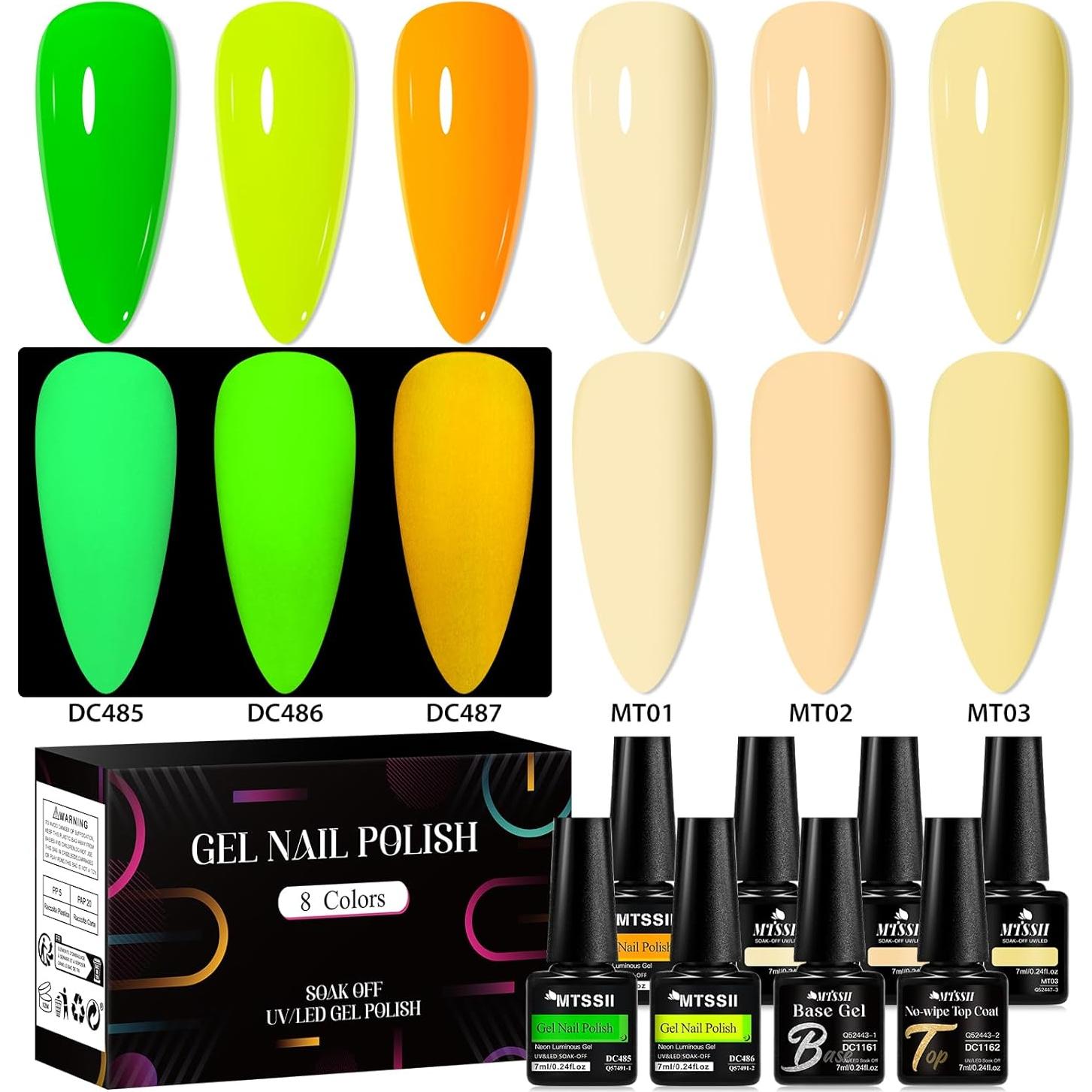 Set de Esmalte de Uñas Gel Neón MTSSII 8 Piezas Brilla en la Oscuridad
