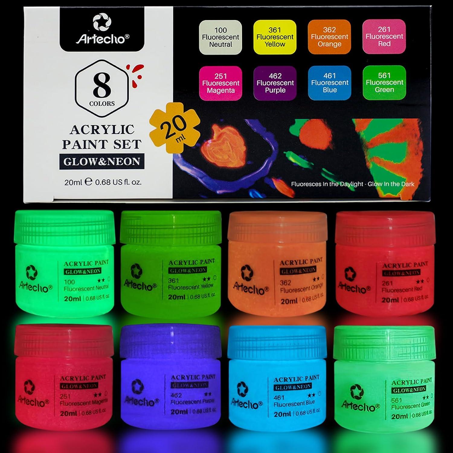 Set de Pintura Acrílica Brillante en la Oscuridad Artecho - 8 Colores 20 ml