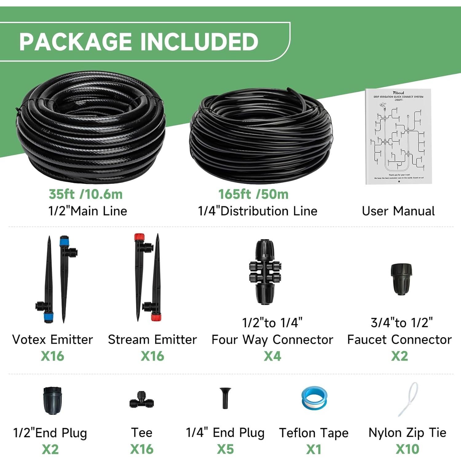 Kit de Riego por Goteo 200FT Riboud con Manguera 1/2" y 1/4"