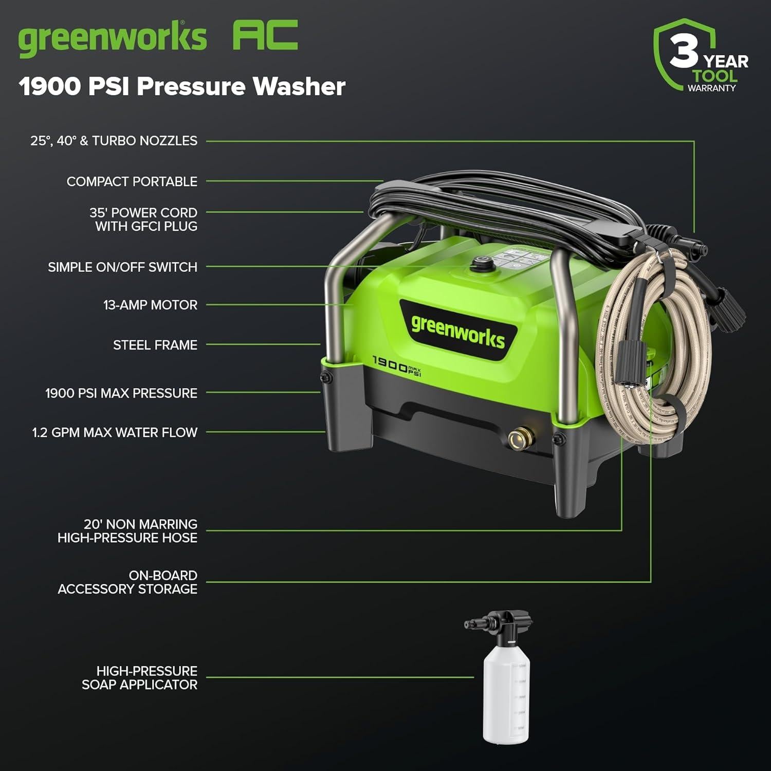 Lavadora a Presión Eléctrica Greenworks 1900 PSI 1.2 GPM