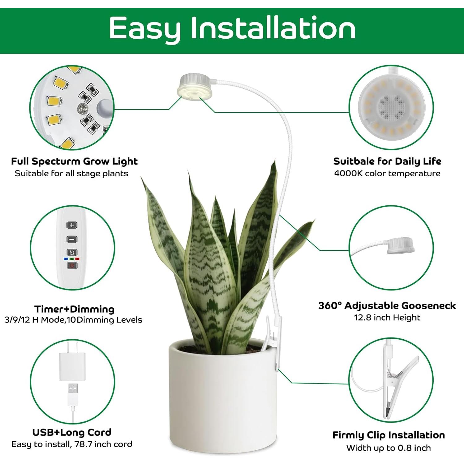 Luz de Crecimiento LED YKeluxon con Clip y Temporizador 10 Niveles