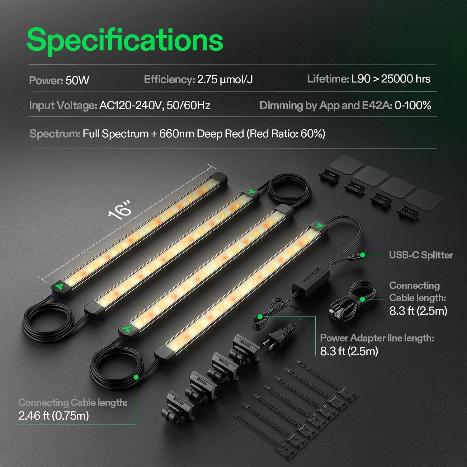 VIVOSUN Luz LED de Cultivo 50W 4 Barras Espectro Completo
