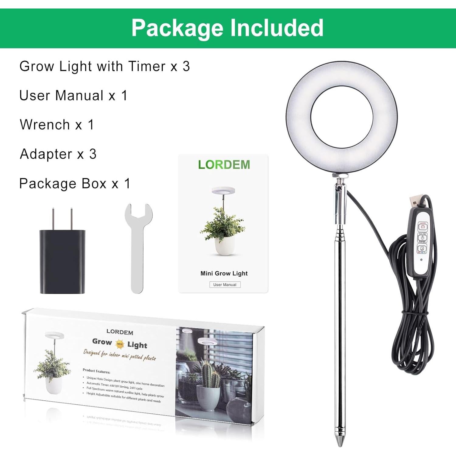 Luz de Cultivo LED LORDEM Halo 30W Espectro Completo 3 Paquetes