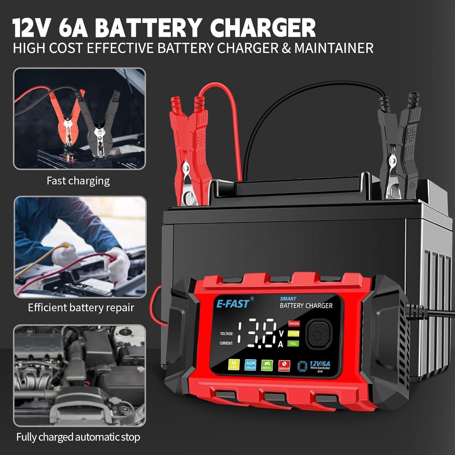 Cargador de Batería E-FAST 6A 12V para Autos y Motos