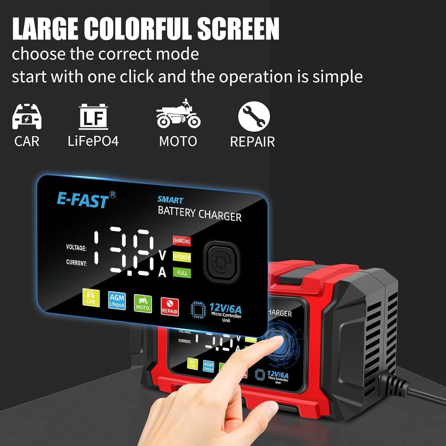 Cargador de Batería E-FAST 6A 12V para Autos y Motos
