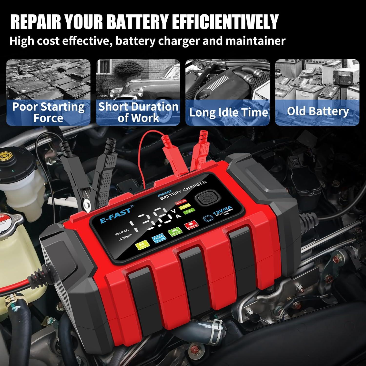 Cargador de Batería E-FAST 6A 12V para Autos y Motos