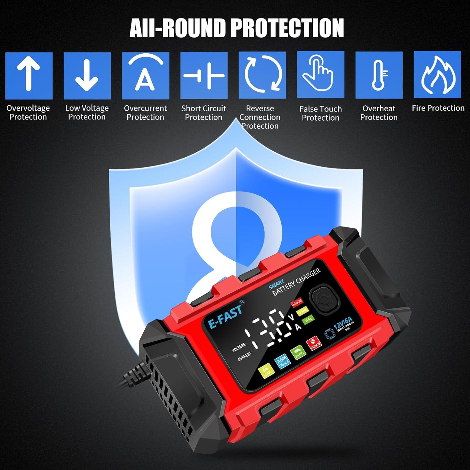 Cargador de Batería E-FAST 6A 12V para Autos y Motos