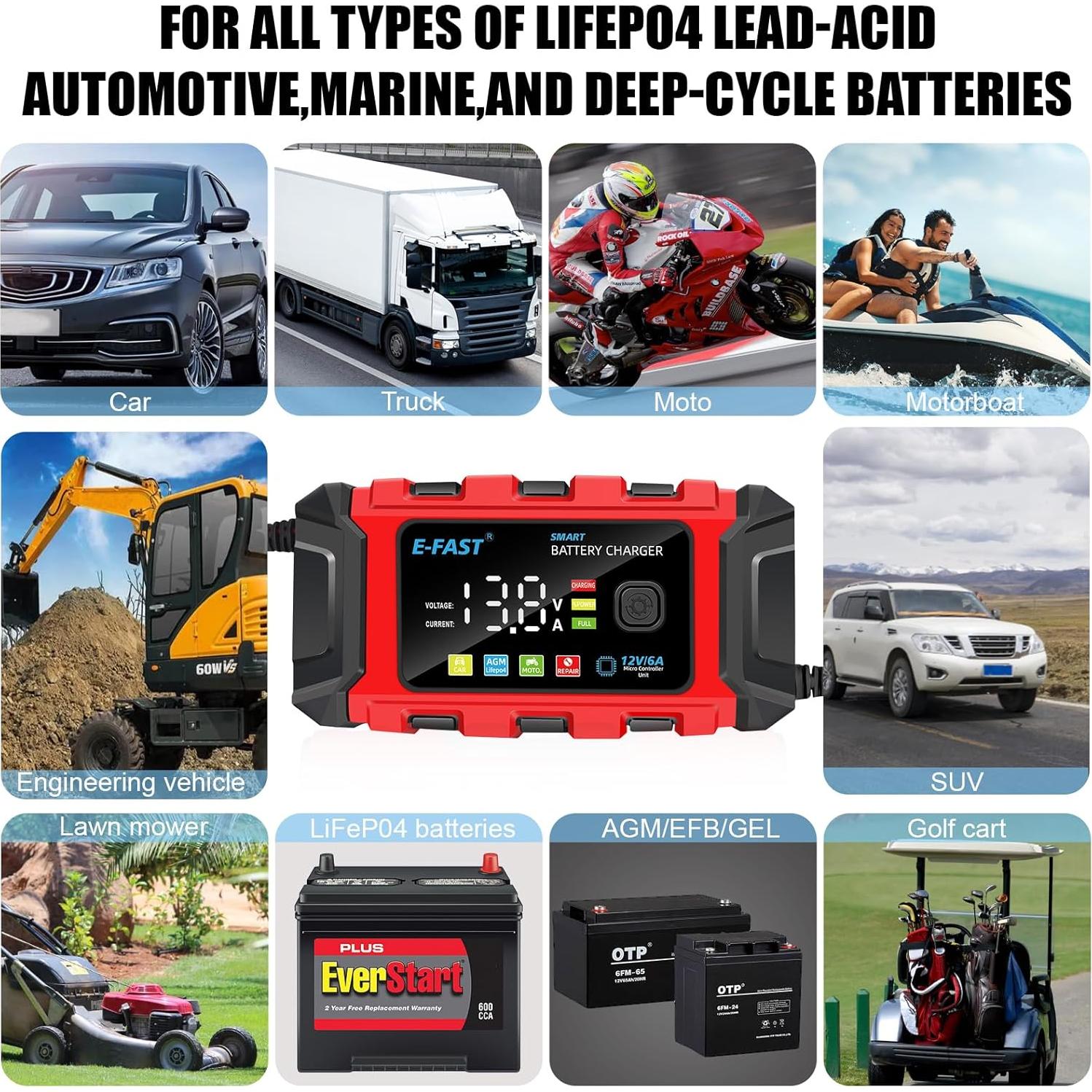 Cargador de Batería E-FAST 6A 12V para Autos y Motos