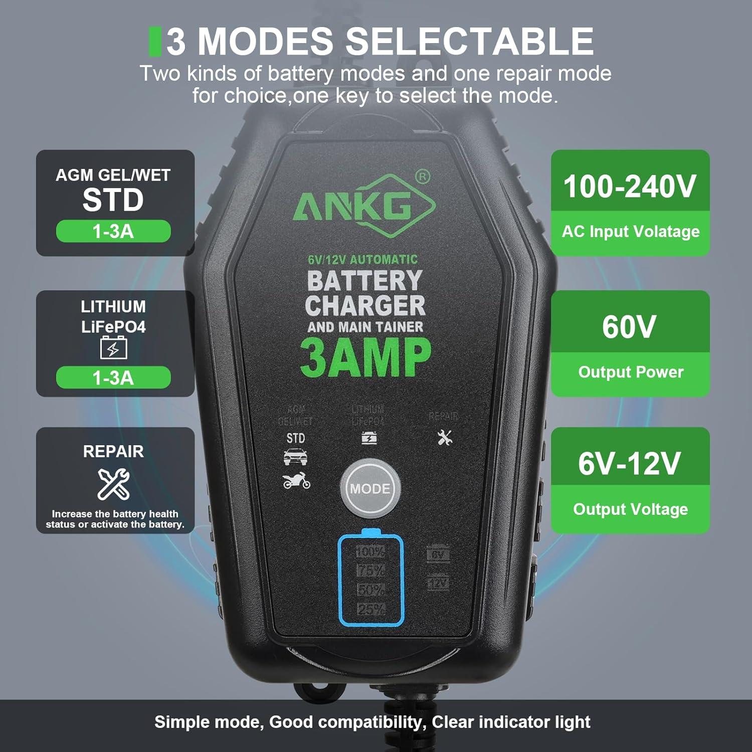 Cargador de Batería Inteligente 3A 6V/12V ANKG-02 a Prueba de Agua