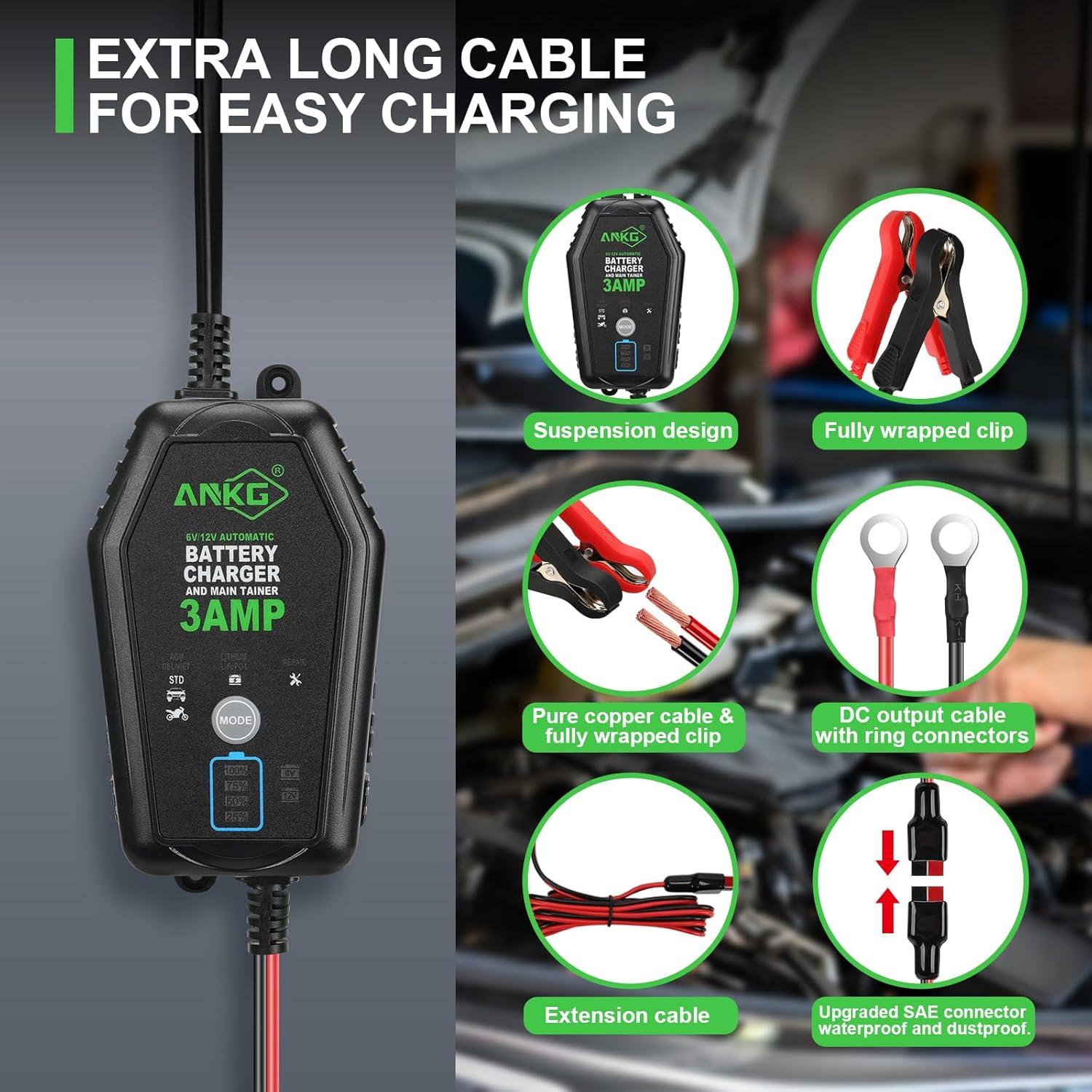 Cargador de Batería Inteligente 3A 6V/12V ANKG-02 a Prueba de Agua