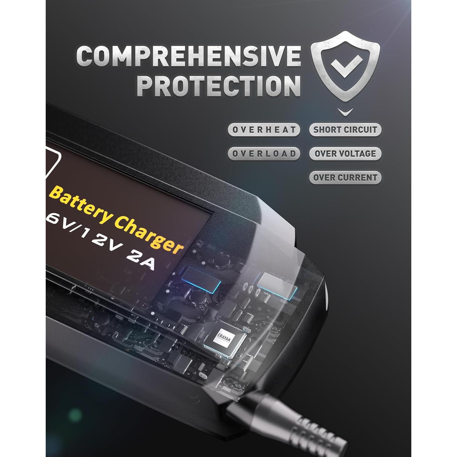 Cargador de Batería Automotriz Erayak 2A 6V/12V Inteligente