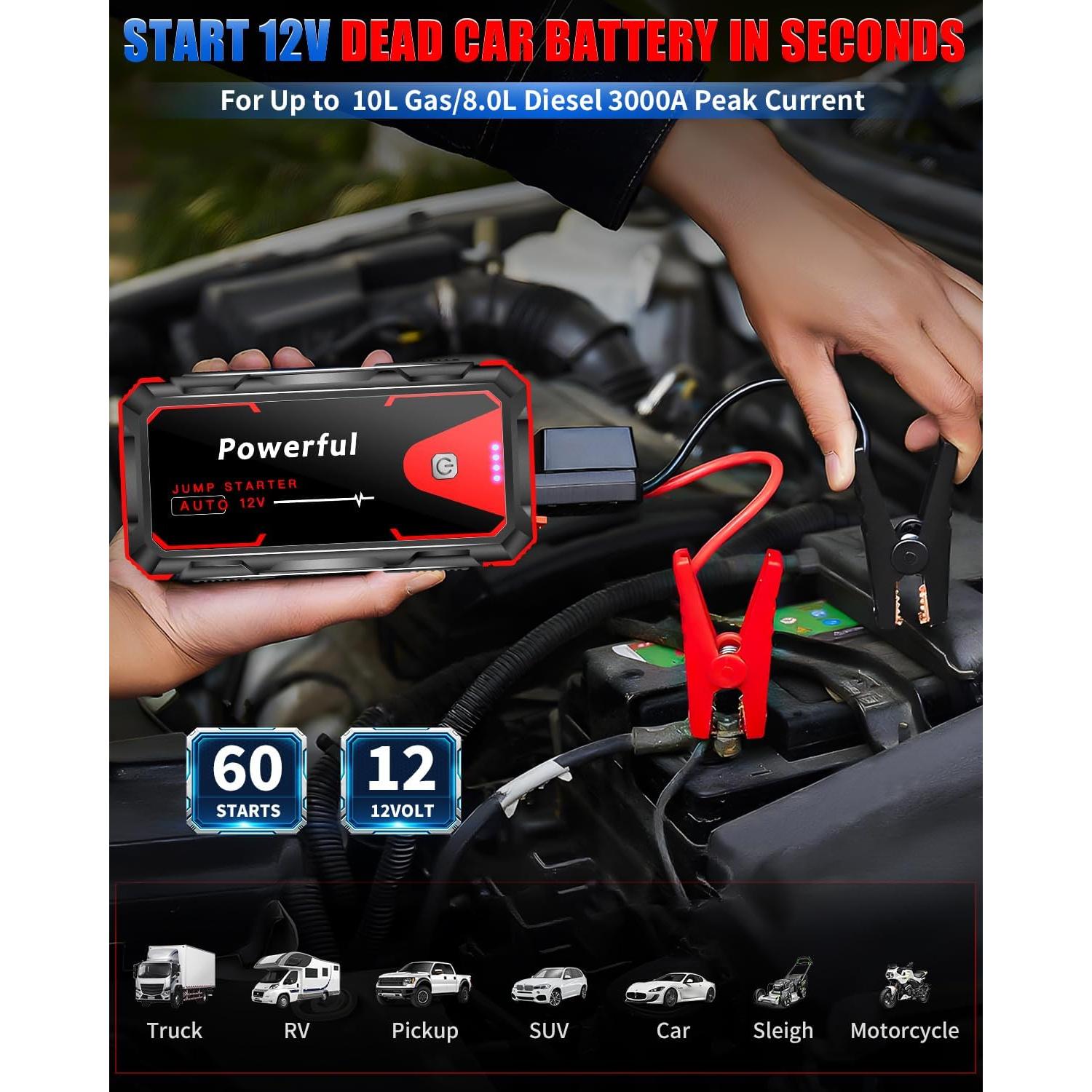 Arrancador de Salto 3000A TekGlom JS2 10000mAh 12V Portátil