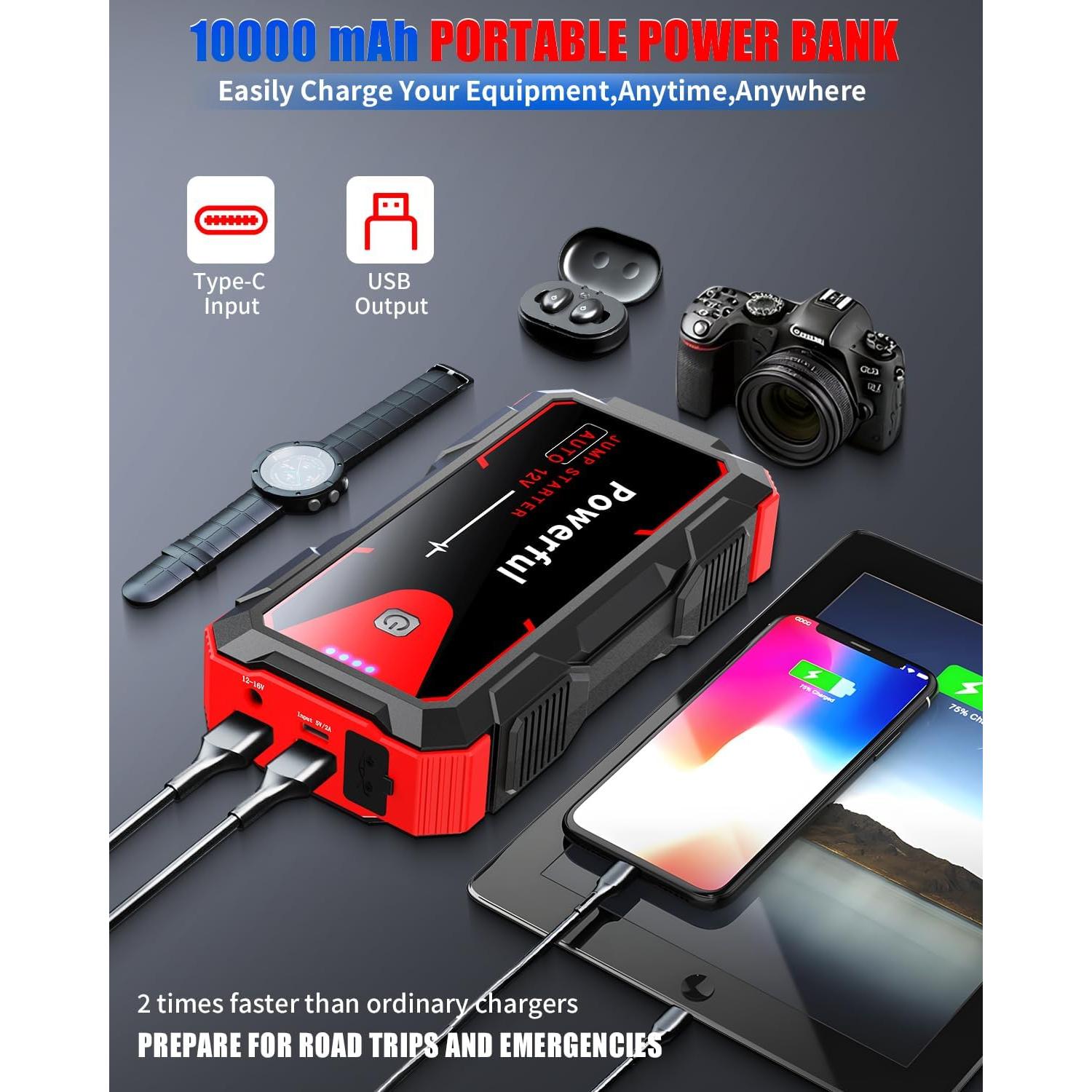 Arrancador de Salto 3000A TekGlom JS2 10000mAh 12V Portátil