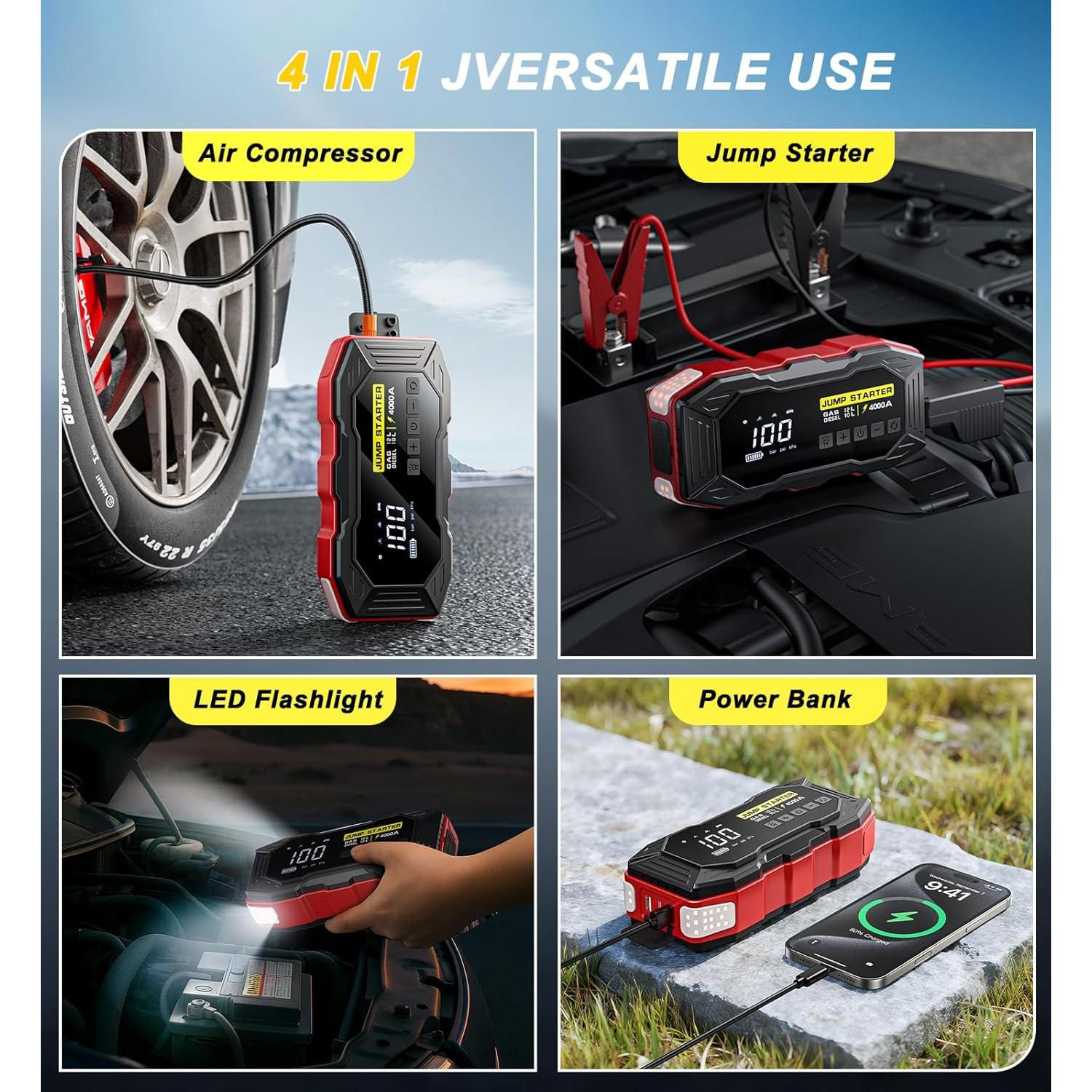 Arrancador de Batería Portátil Xiauodo 4000A con Compresor 12V