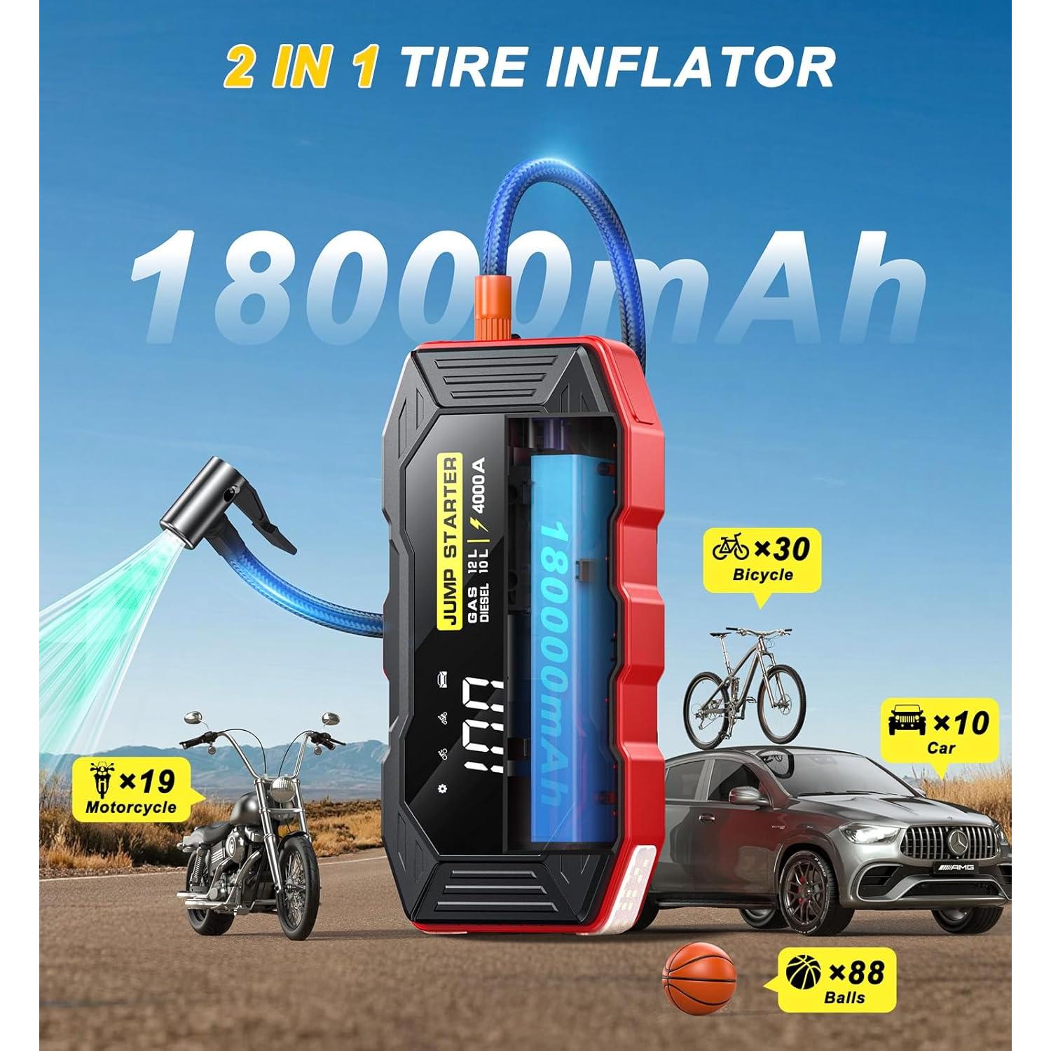 Arrancador de Batería Portátil Xiauodo 4000A con Compresor 12V