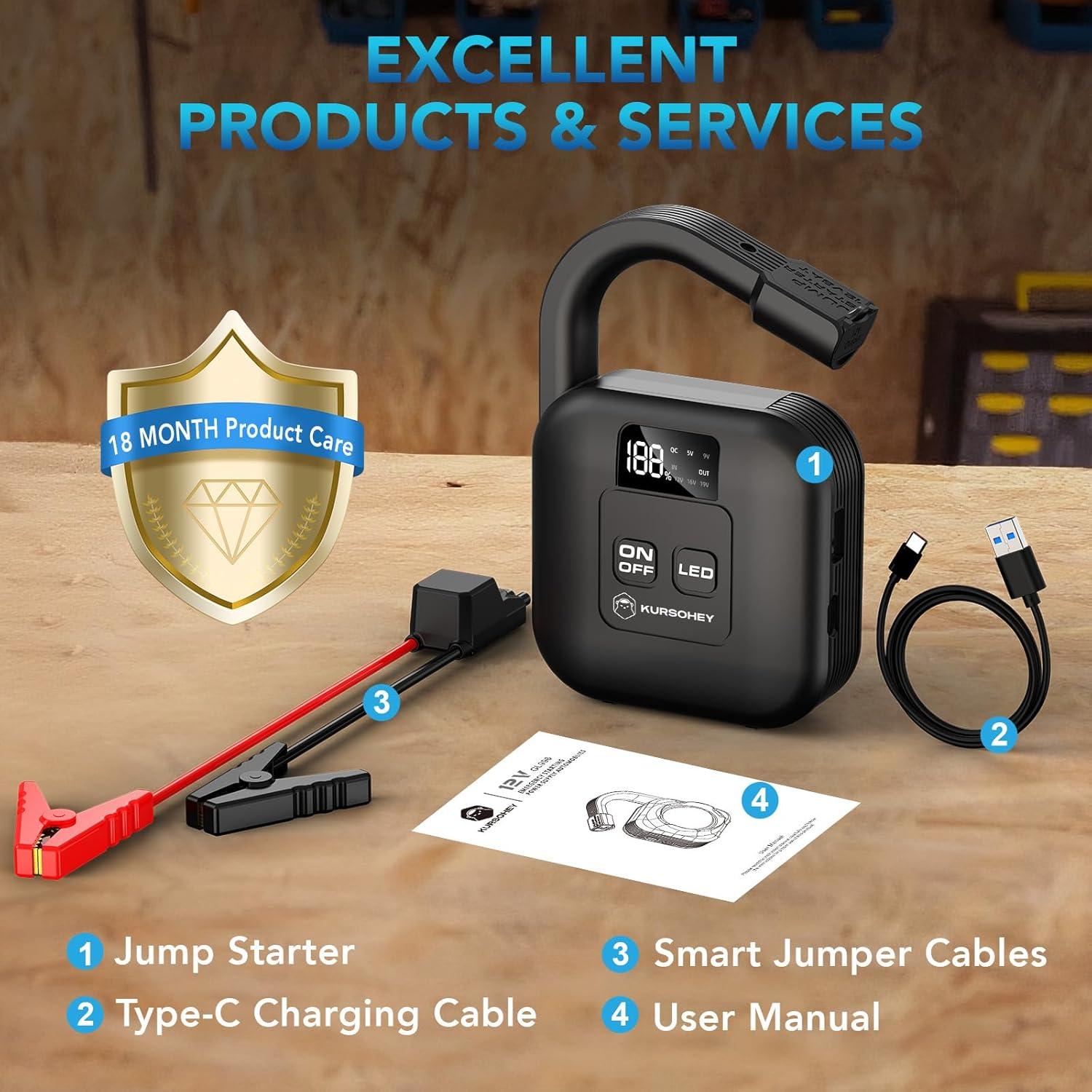 Arrancador de Coche KURSOHEY 2000A 12V con Luz LED 8000mAh