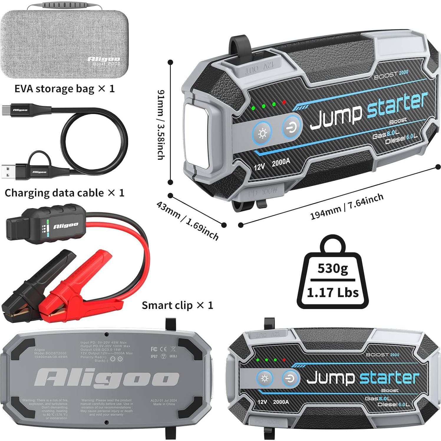 Arrancador de Coche Portátil Aligoo Boost 2000 4000A Carga Rápida