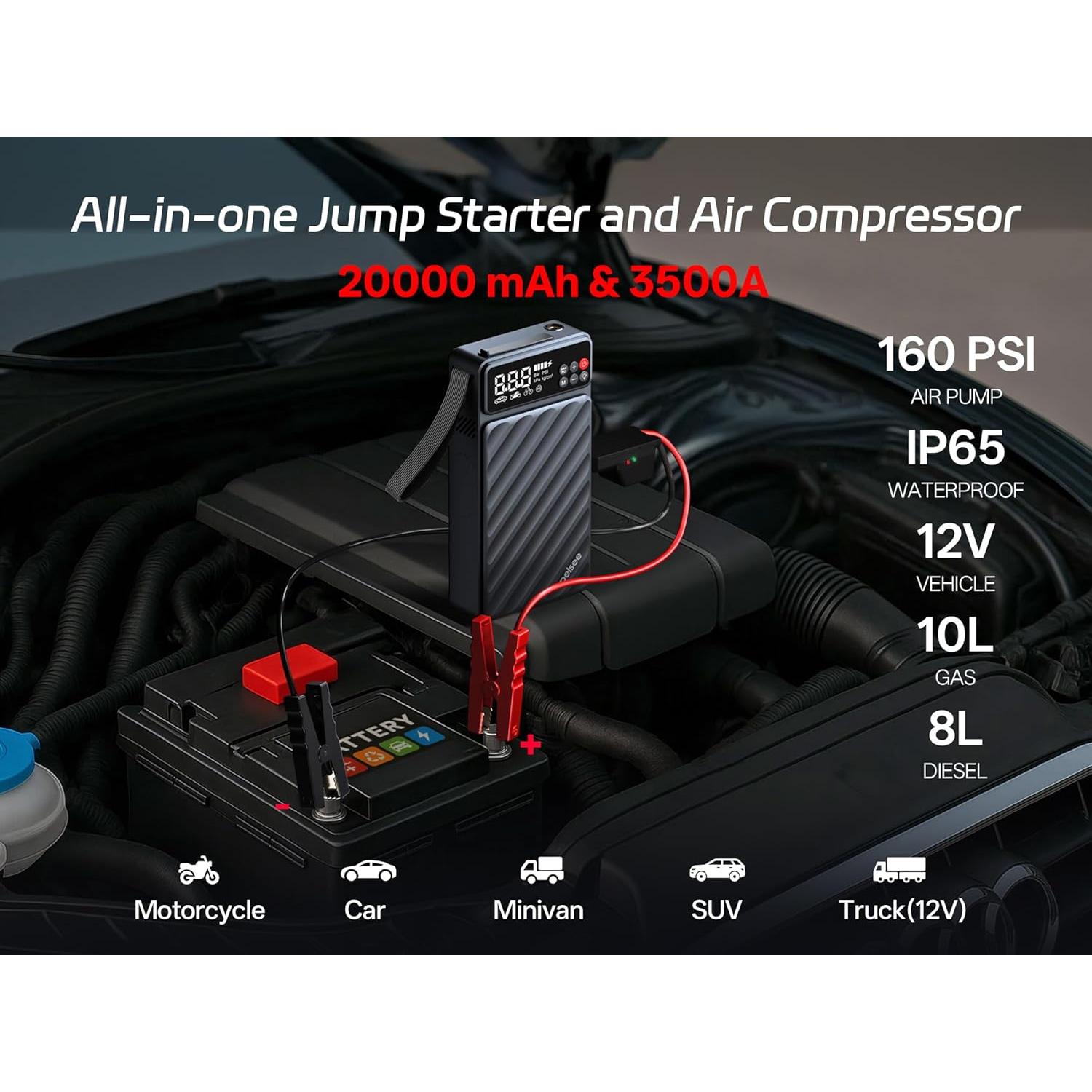 Arrancador de Batería Pelsee E1 3500A 20000mAh con Compresor