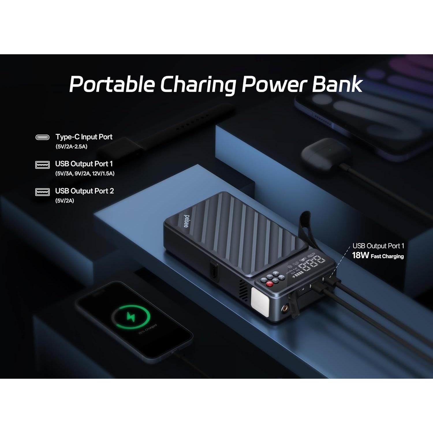 Arrancador de Batería Pelsee E1 3500A 20000mAh con Compresor