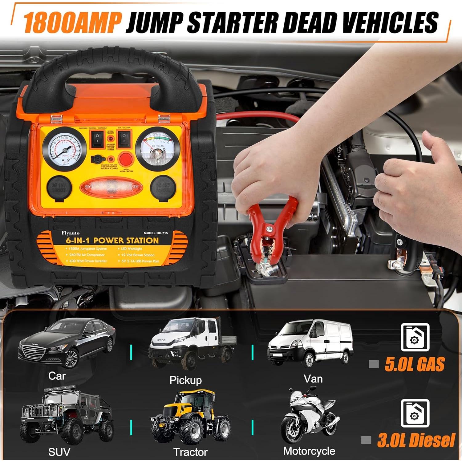 Arrancador de Salto 6 en 1 FlyAuto 1800A con Compresor 260 PSI