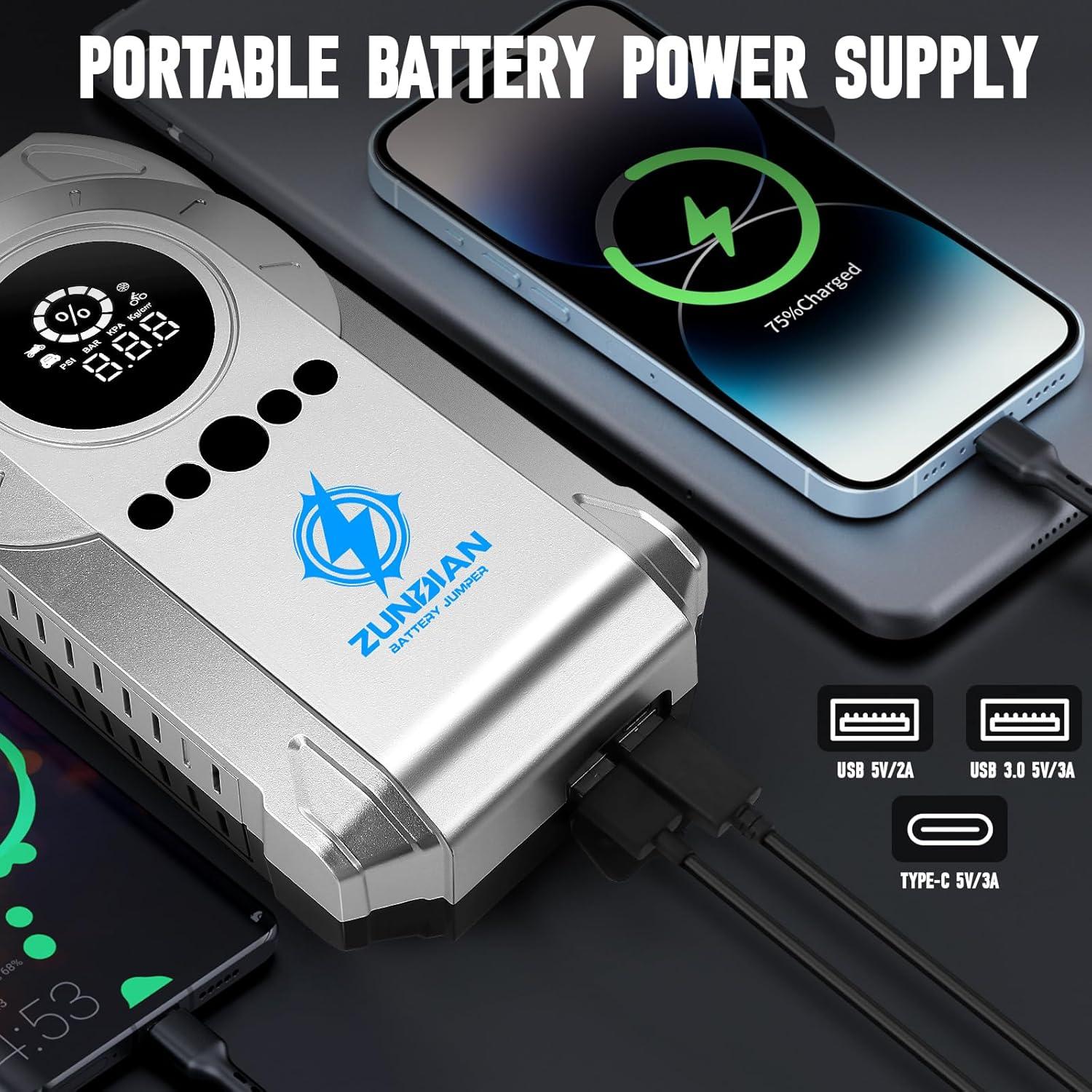 Inflador de Neumáticos ZunDian Q19 con Arrancador 6000A 12V