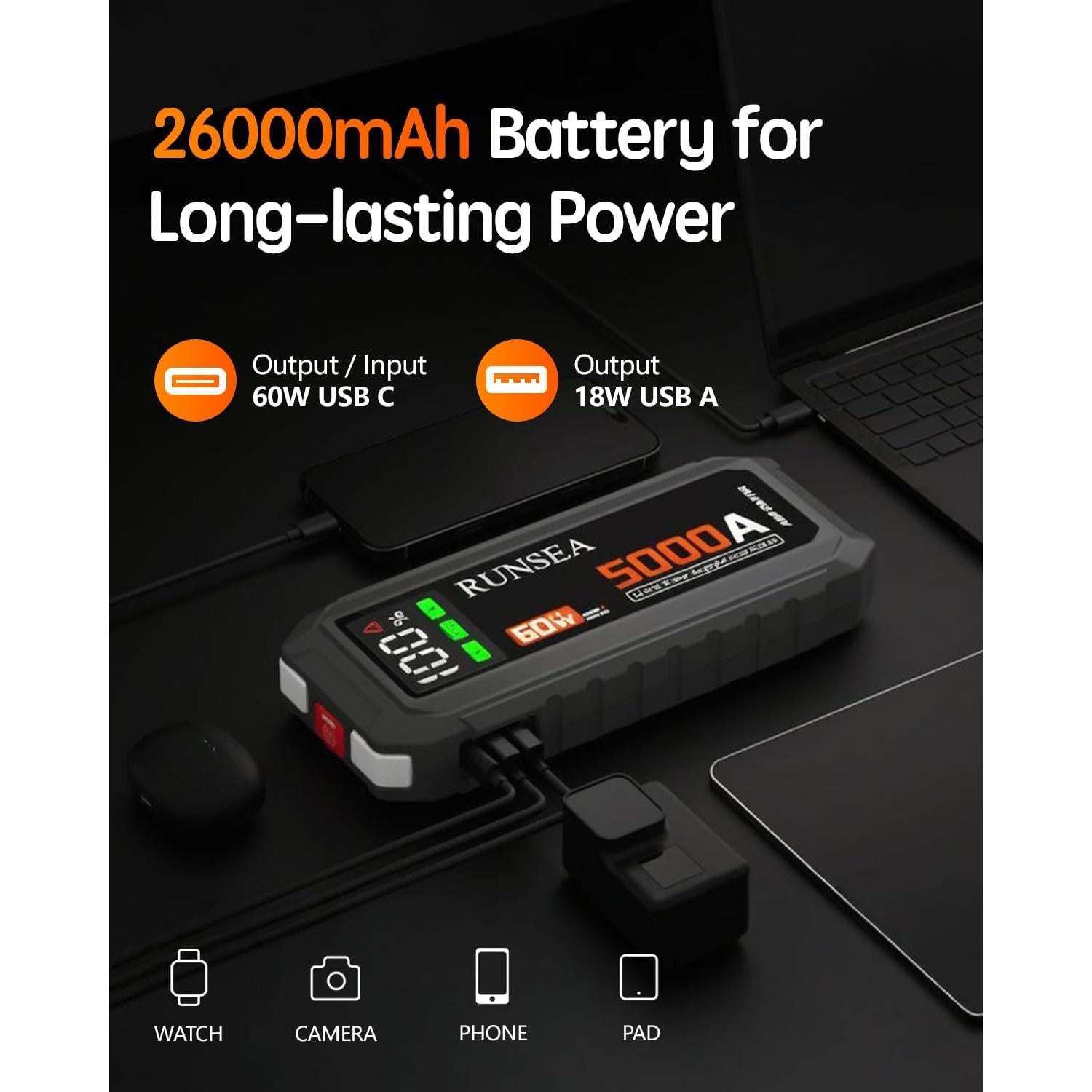 Arrancador de Salto Portátil Runsea D28 5000A 26000mAh 12V