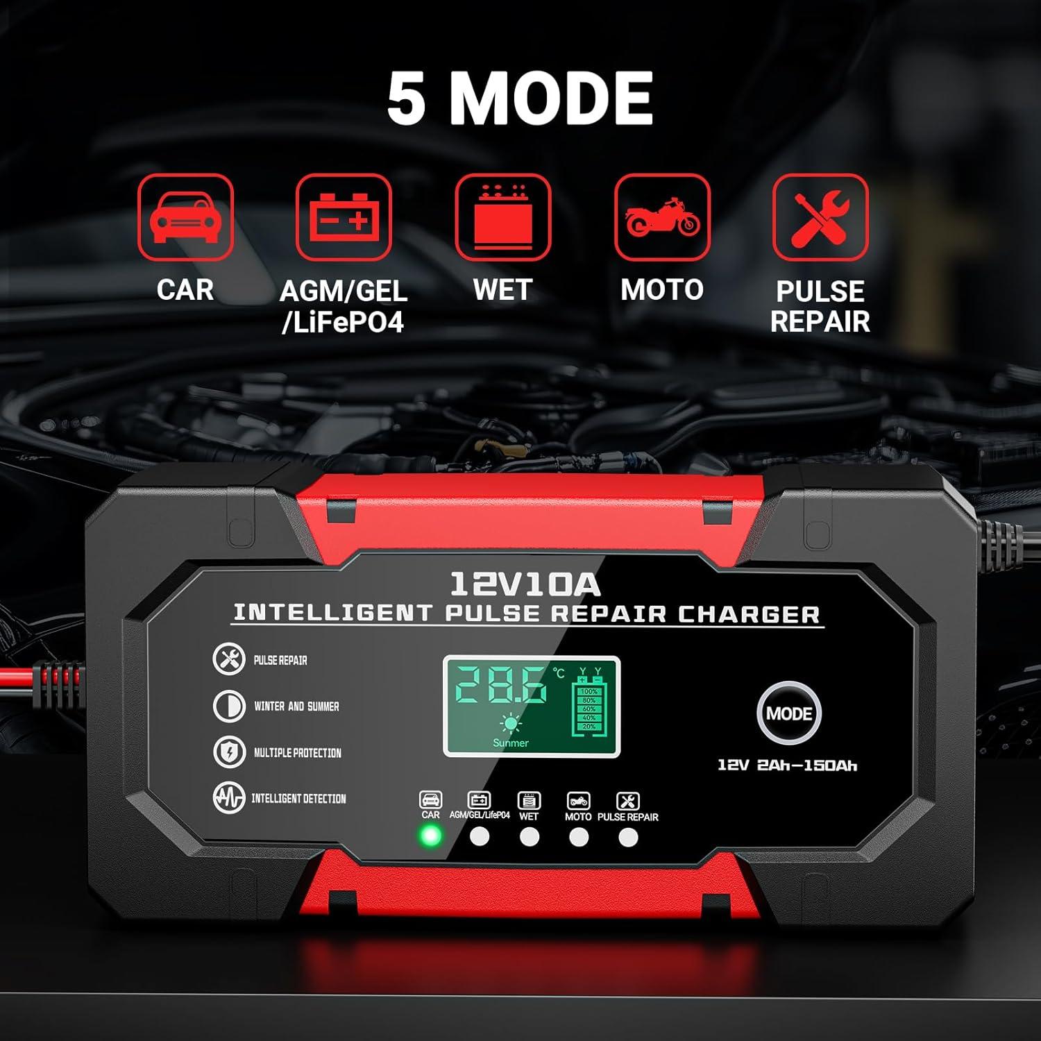 Cargador de Batería Automático 10A 12V YDBAO con Pantalla LCD