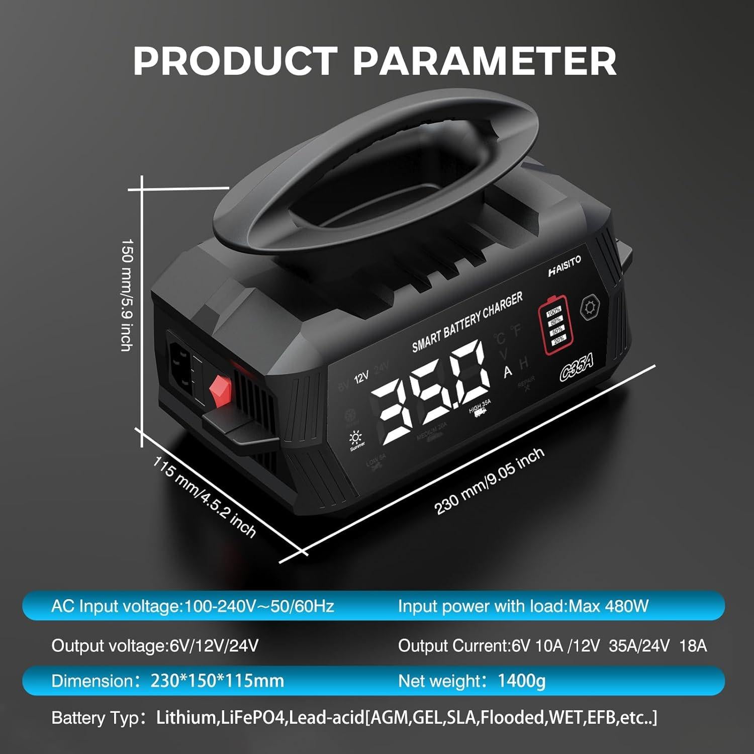 Cargador de Batería Inteligente Dght 6V 10A 12V 35A 24V 18A
