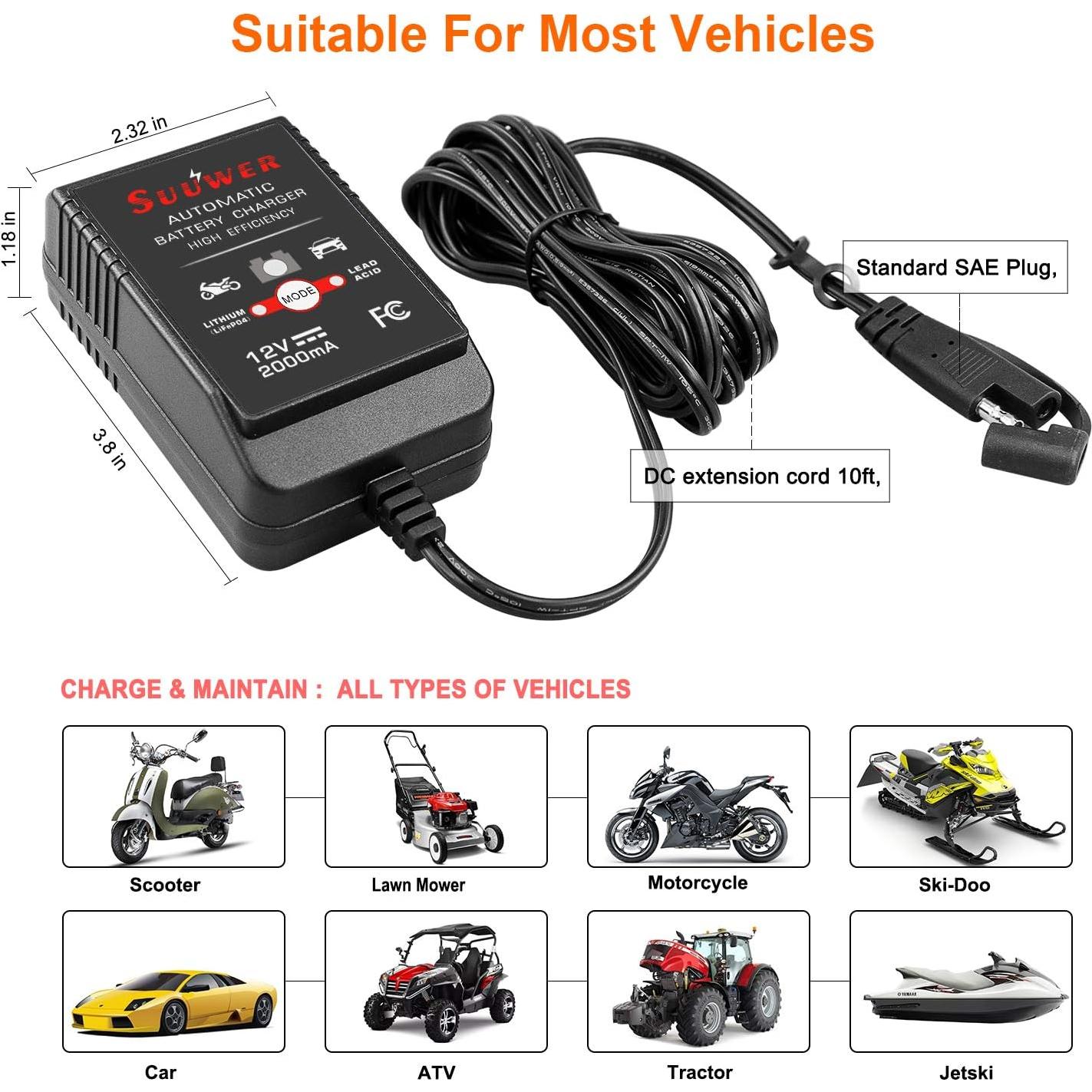 Cargador de Batería Inteligente Suuwer 12V 2A para Auto y Moto