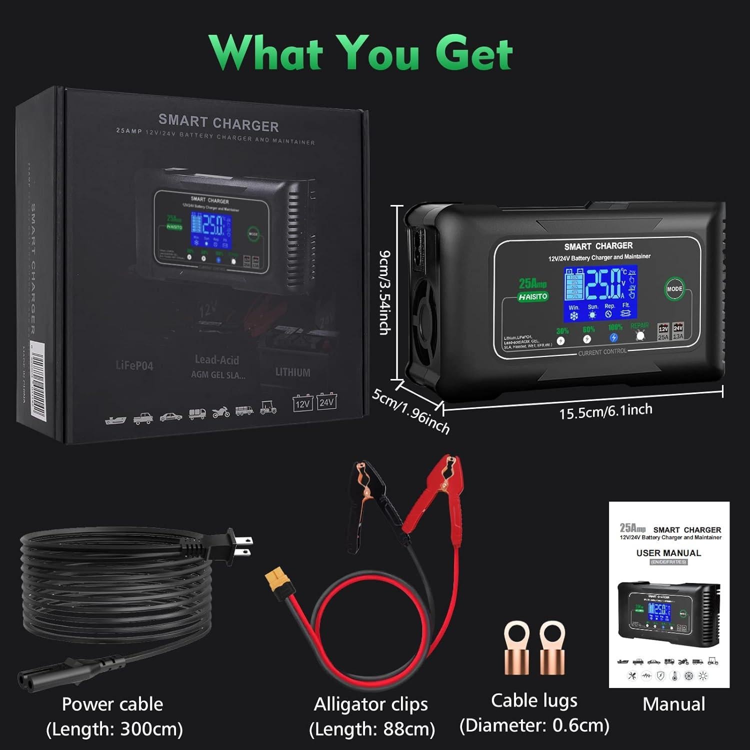 Cargador de Batería 12V/24V 25A Haisitio - Mantenedor y Desulfatador