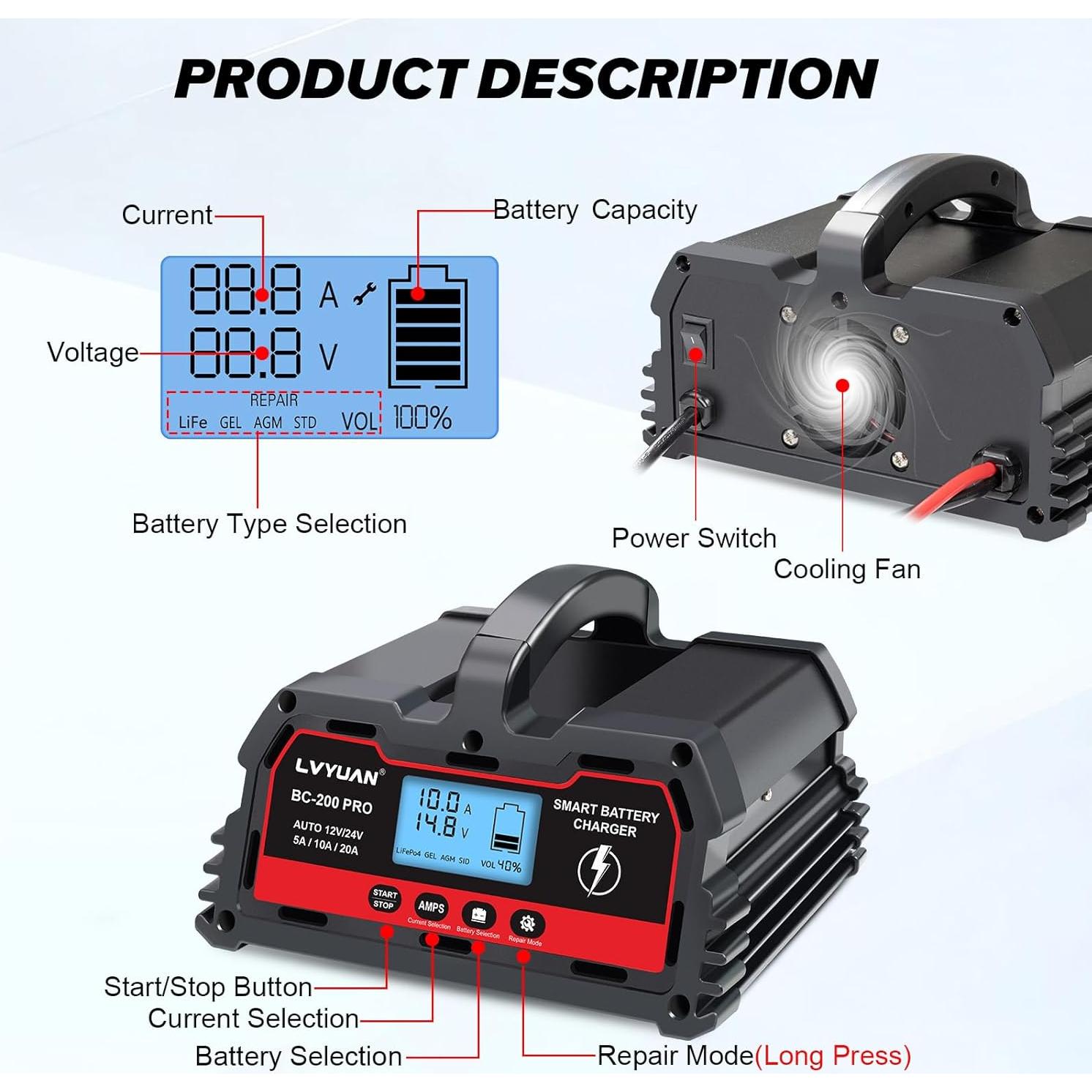 Cargador de Batería de Coche LVYUAN 20A 12V/24V Inteligente
