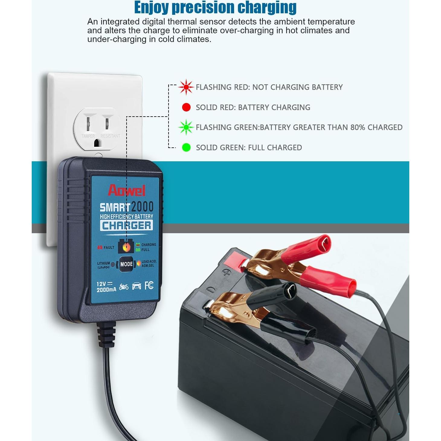 Cargador Mantenedor de Batería 12V 2A Aowel para AGM y Litio