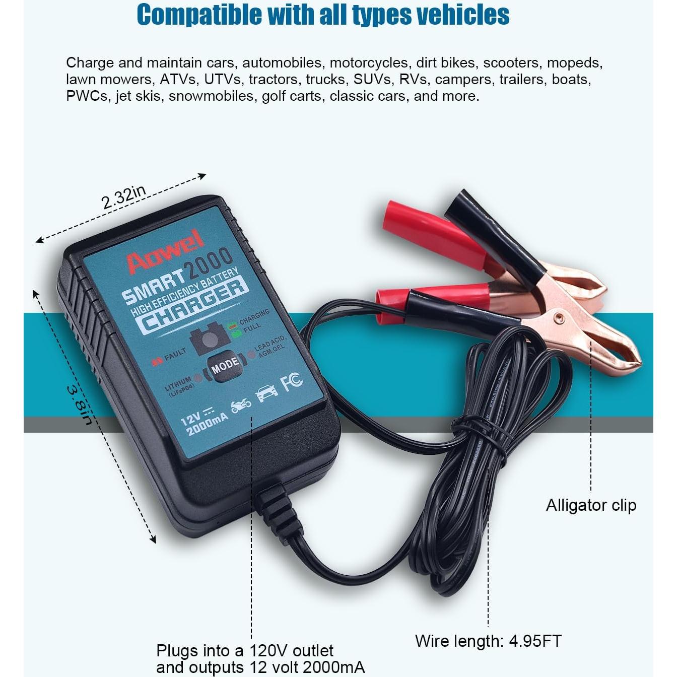 Cargador Mantenedor de Batería 12V 2A Aowel para AGM y Litio