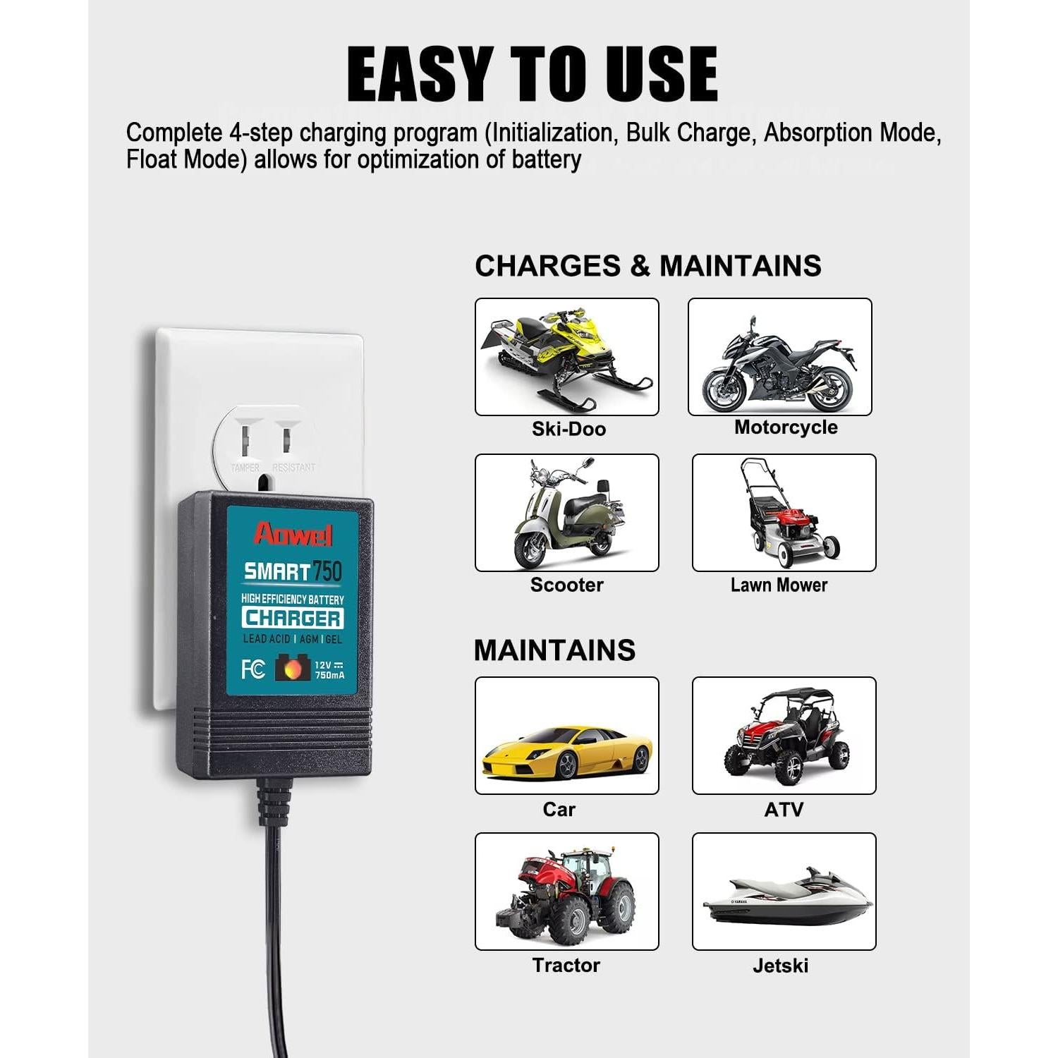 Cargador de batería inteligente Aowel 12V 750mA para coches y motos