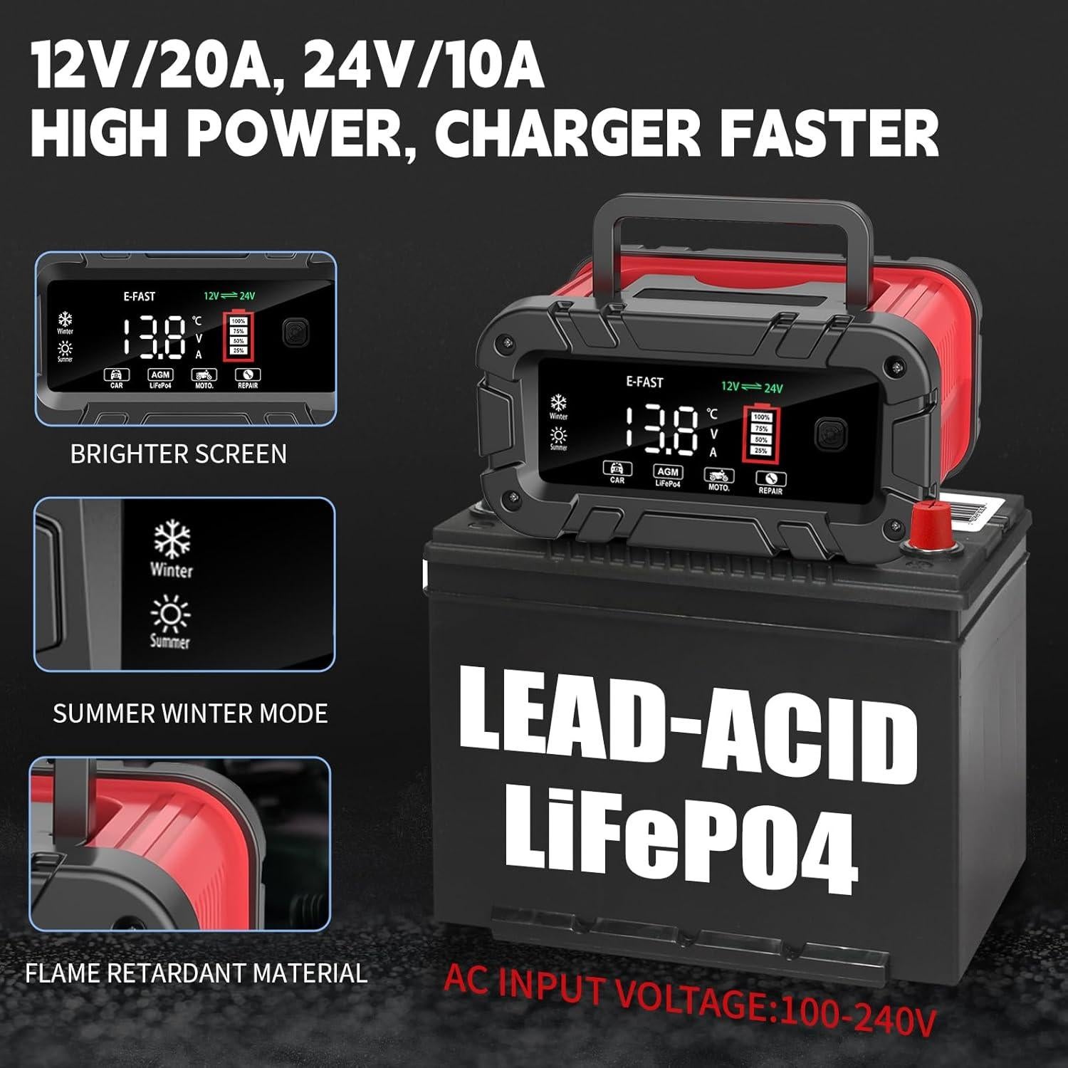 Cargador de Batería E-FAST 12/24V 20A Inteligente Automático