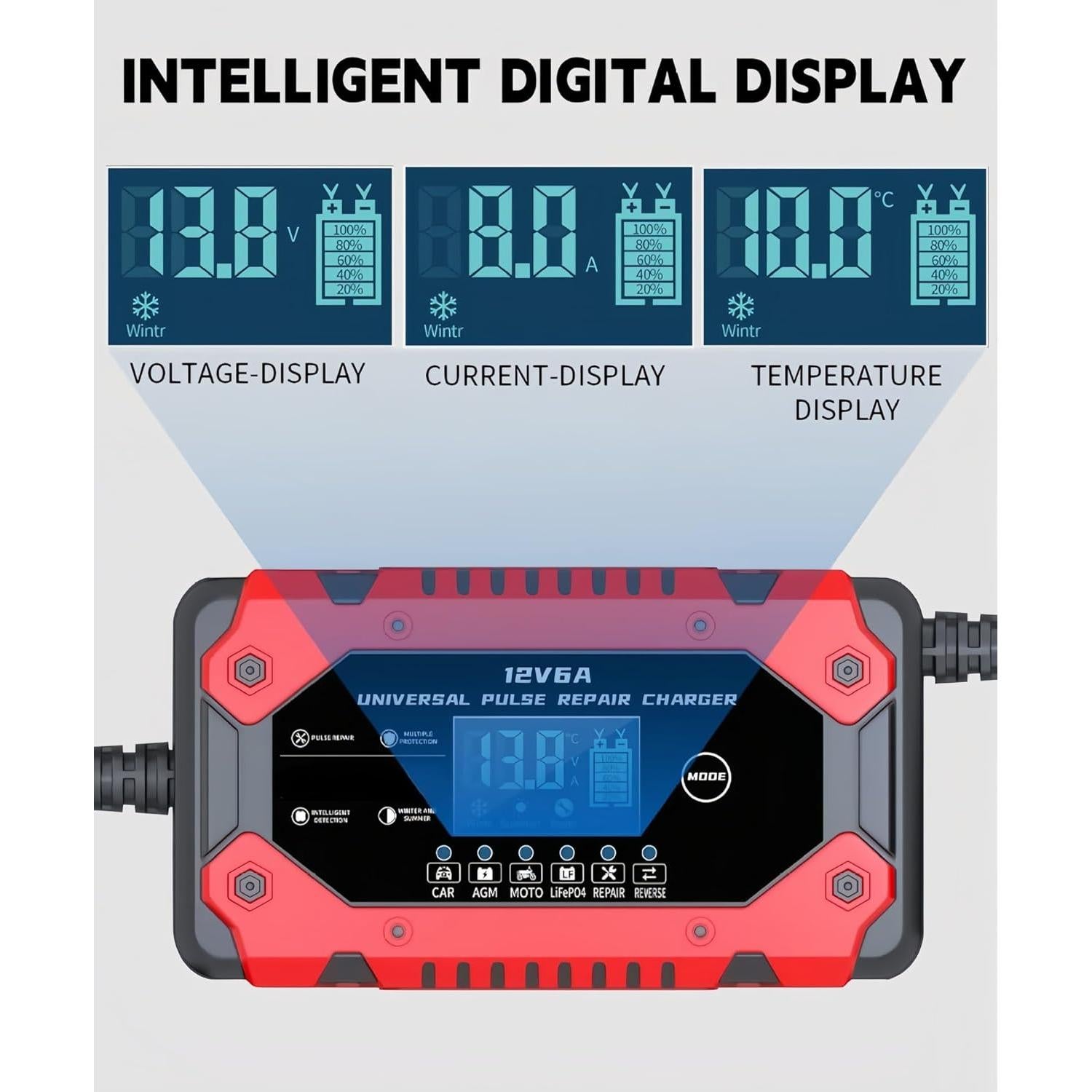 Cargador de Batería 12V 6A Genérico Inteligente con LCD