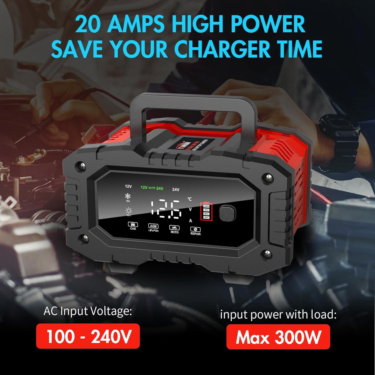 Cargador de Batería YONHAN 20A 12V/24V Automático con Pantalla