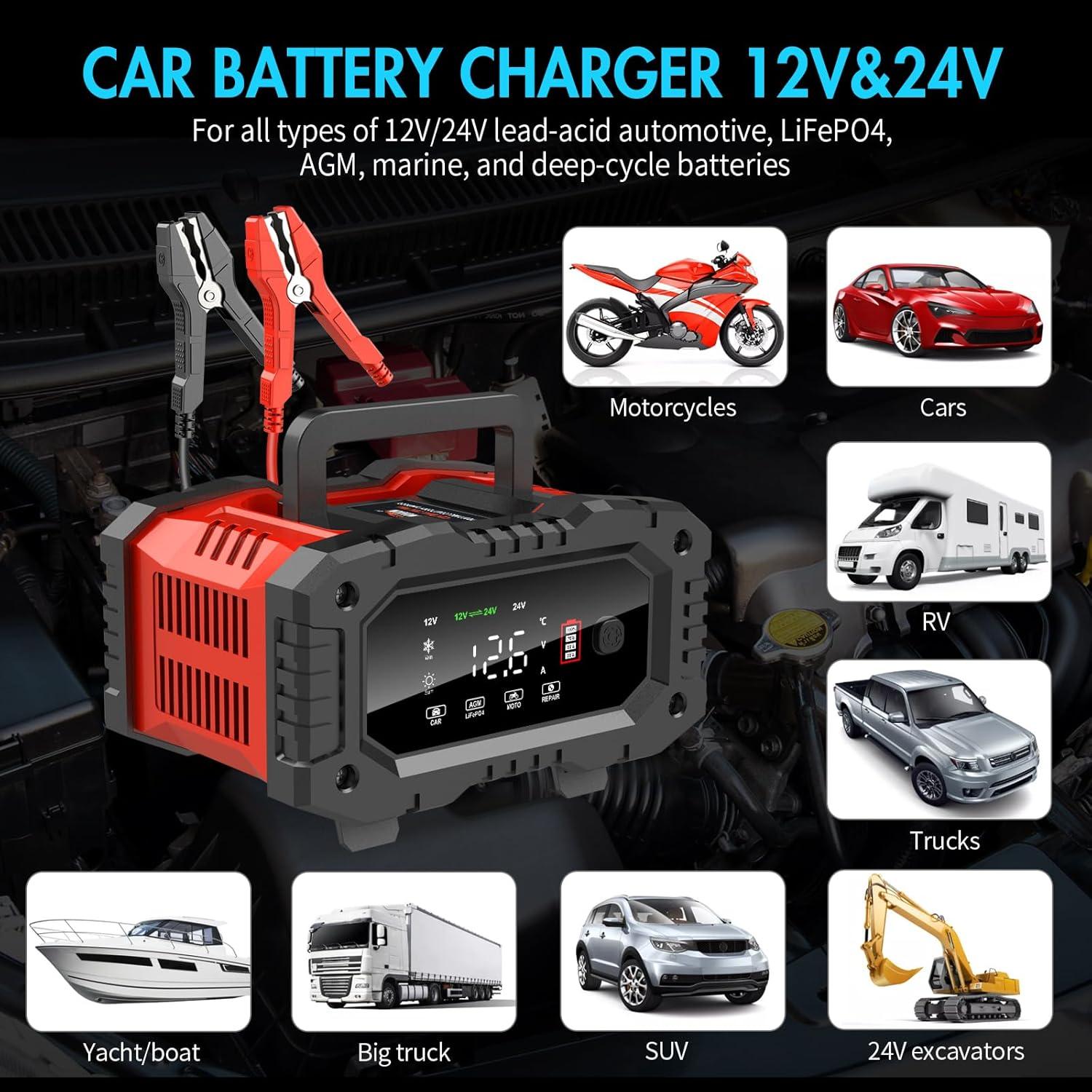Cargador de Batería YONHAN 20A 12V/24V Automático con Pantalla