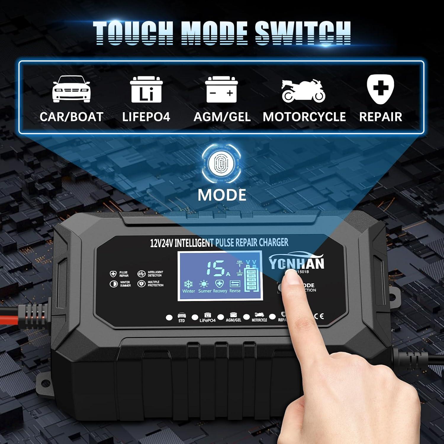 Cargador de Batería YONHAN 15A 12V/24V Inteligente Automático